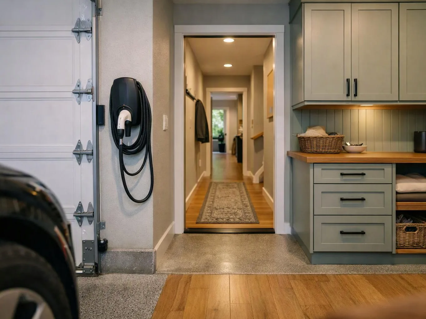 A garage opens into a tidy hallway, with a wall-mounted charging unit and built-in cabinets beside the doorway
