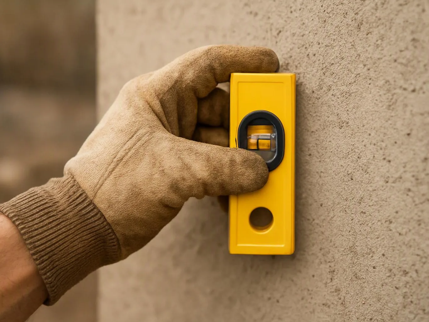 A gloved hand adjusts a yellow wall-mounted level against a rough concrete surface