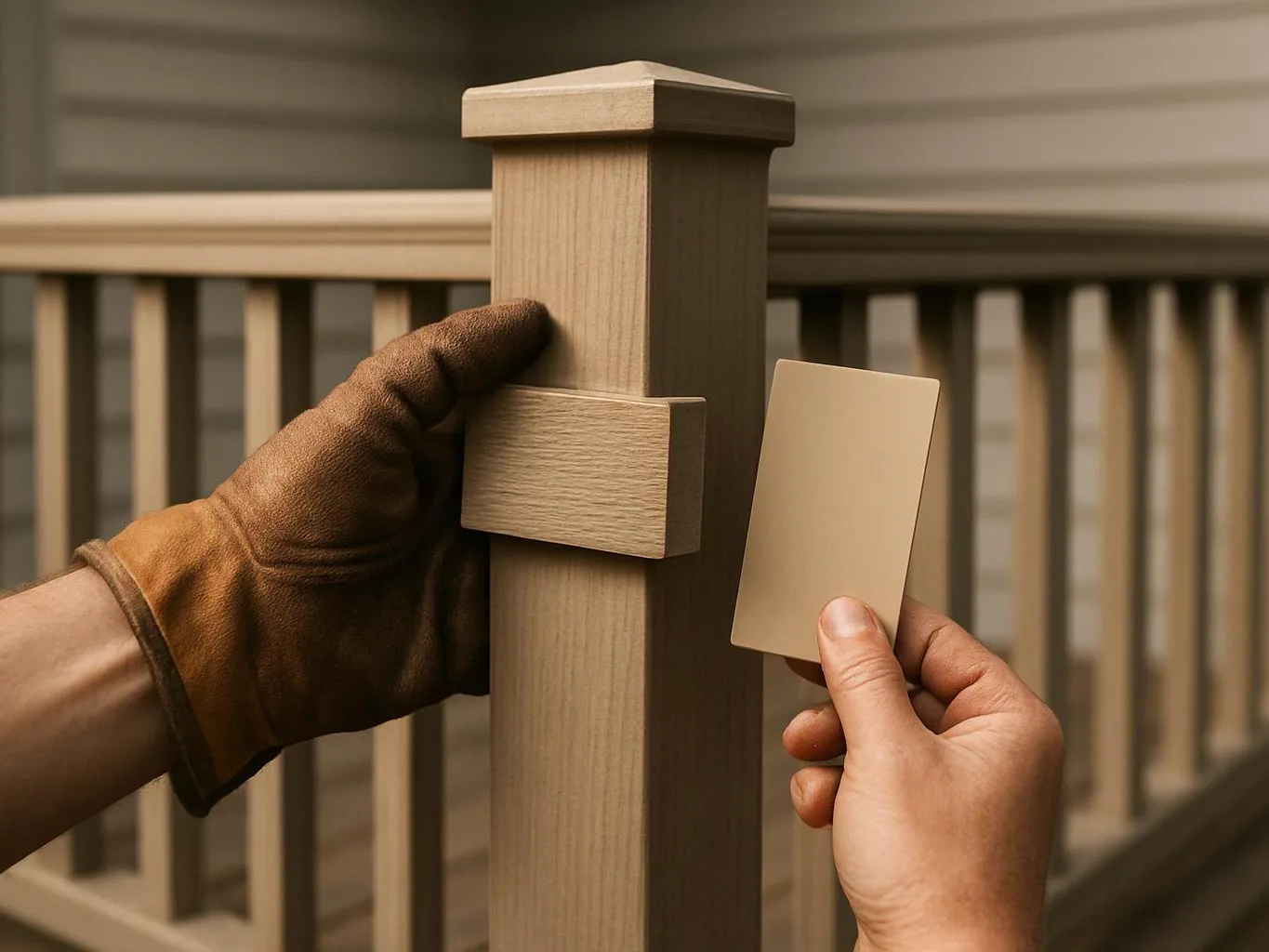 A gloved hand and bare hand hold a wood post and a color swatch beside a deck railing
