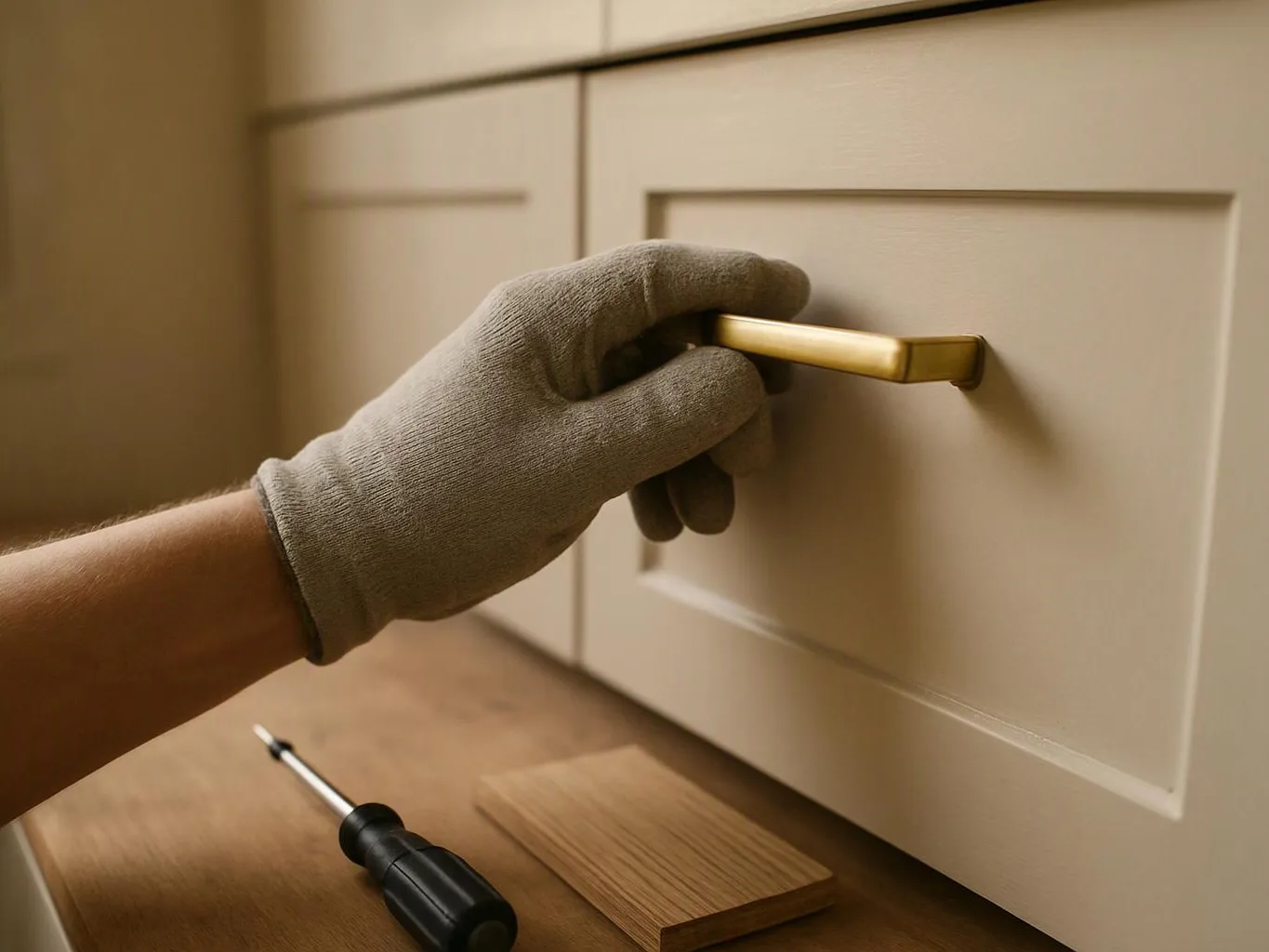 A gloved hand grips a brass cabinet pull beside a screwdriver and wood sample on a work surface