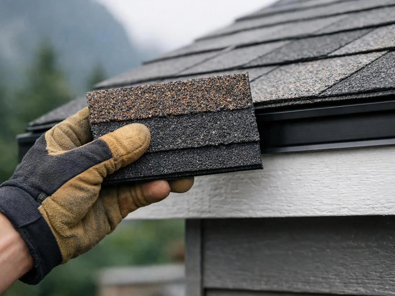 A gloved hand holds a roofing shingle sample beside layered roof shingles on a house