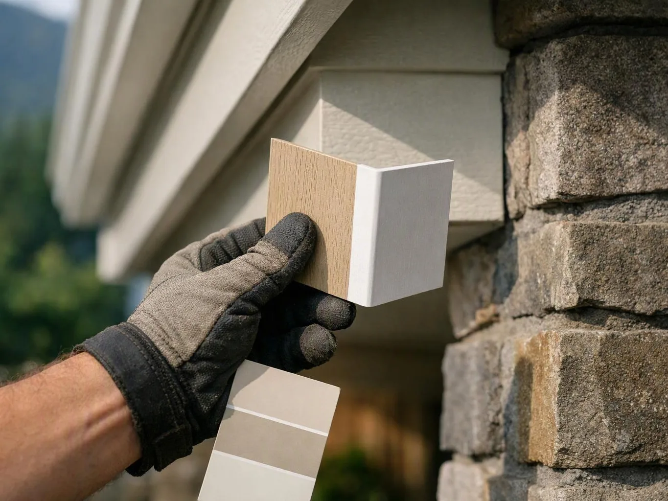A gloved hand holds siding color swatches beside a house corner with stone veneer