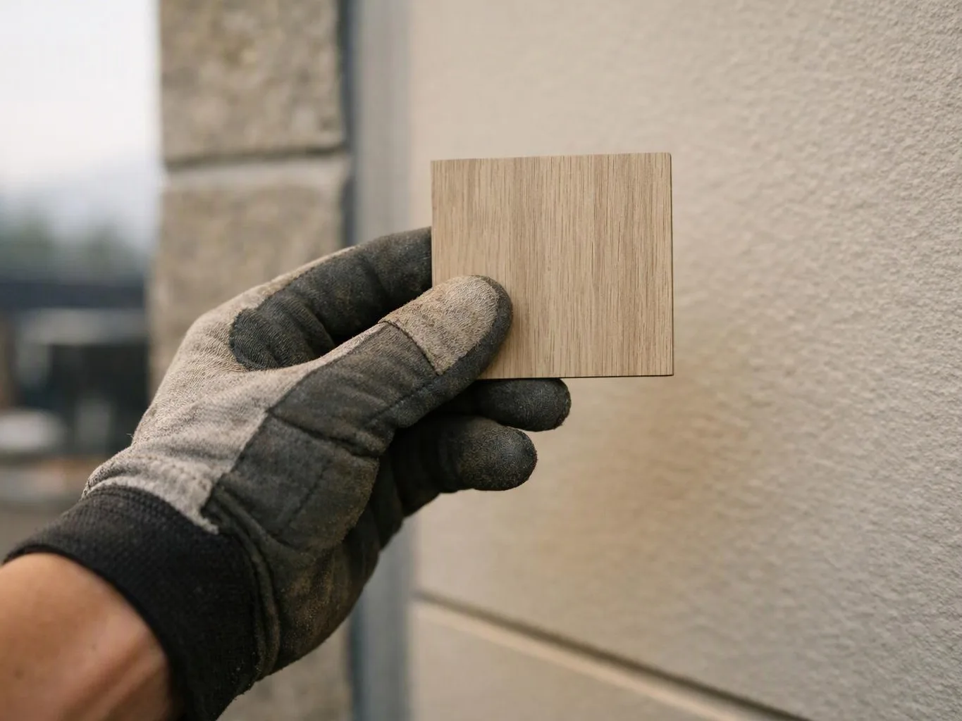 A gloved hand holds a small wood sample against a beige textured wall outdoors