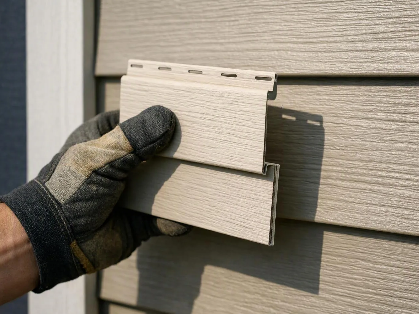 A gloved hand holds two beige siding panels against a textured wall in bright sunlight
