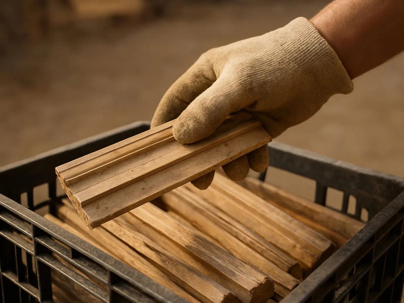 A gloved hand lifts a wooden kindling piece from a crate of stacked firewood