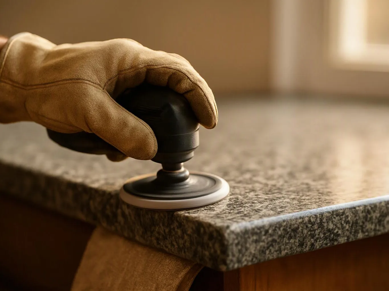 A gloved hand presses a polishing tool against a granite countertop edge in warm light