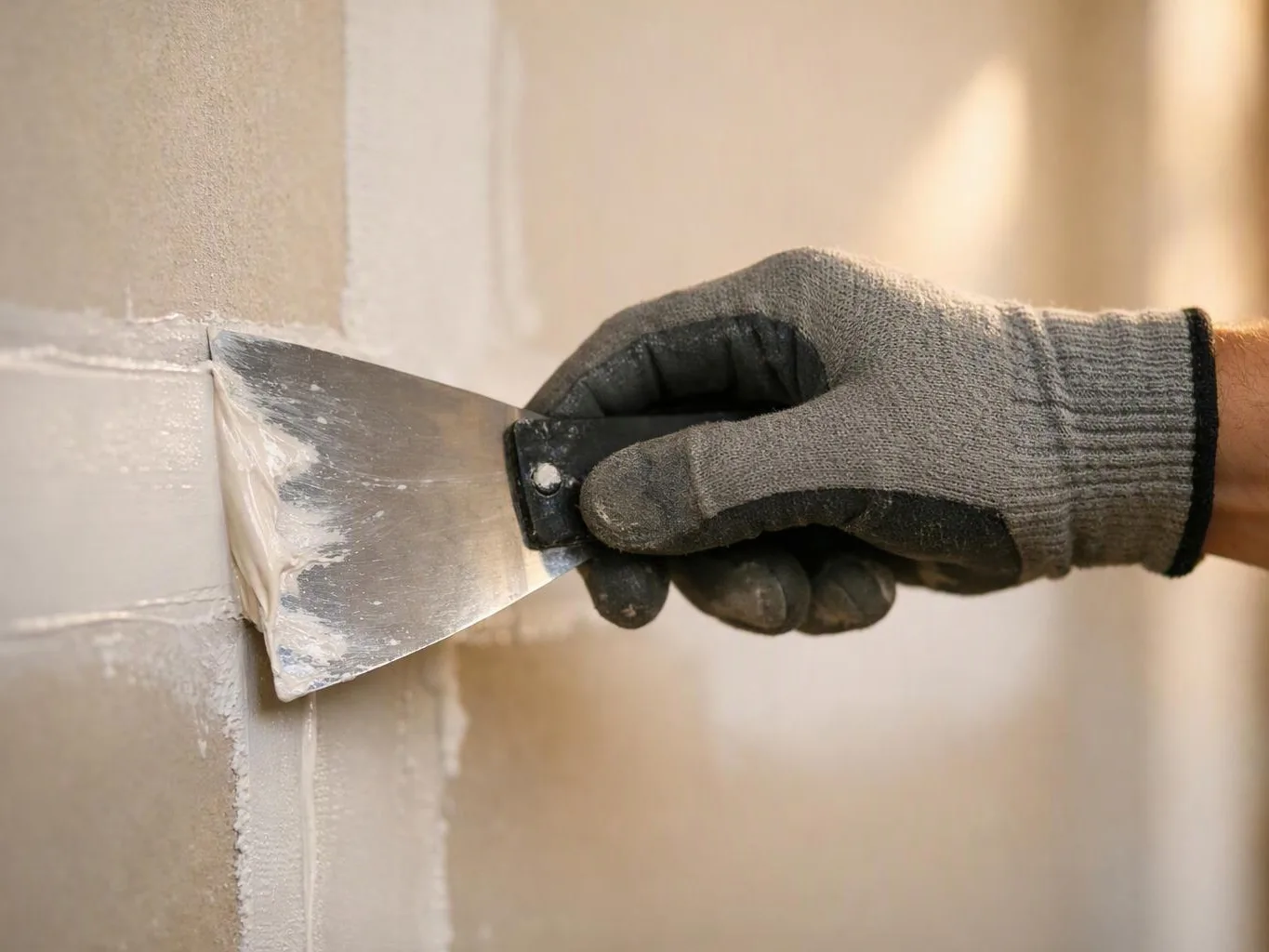 A gloved hand spreads joint compound with a putty knife along a drywall seam indoors