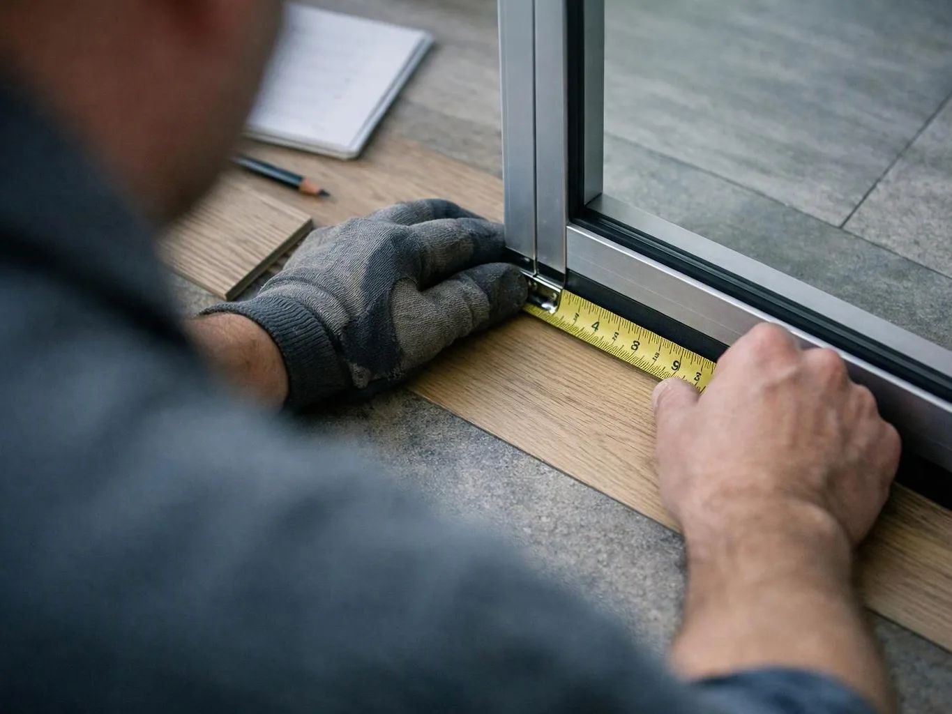 A gloved worker measures a metal-framed panel with a yellow tape on a wood board