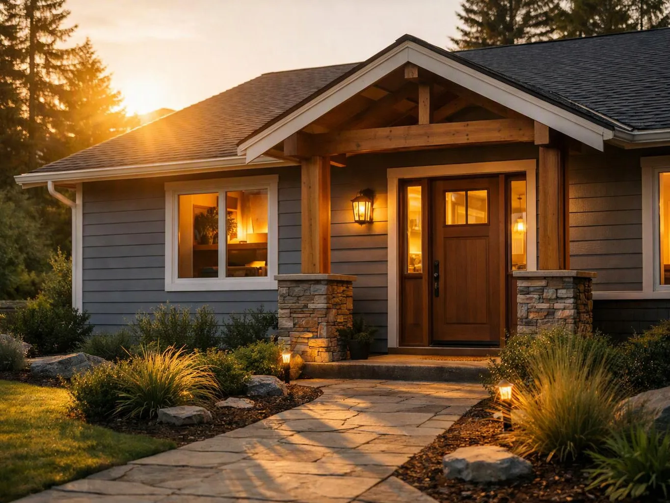 A gray house with a lit front porch sits beside a stone path at sunset