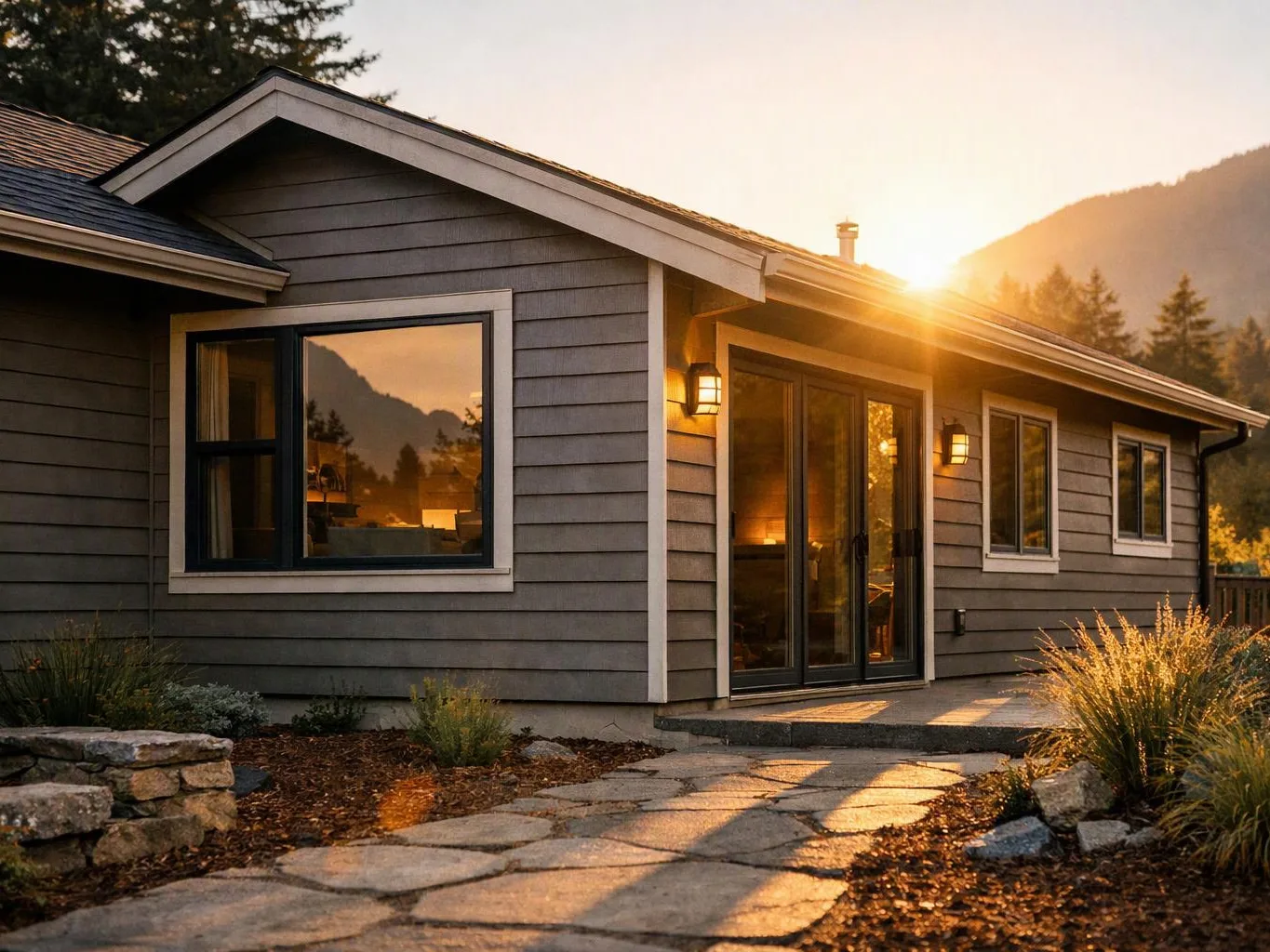 A gray house with lit windows sits at sunset, with mountains and trees behind it