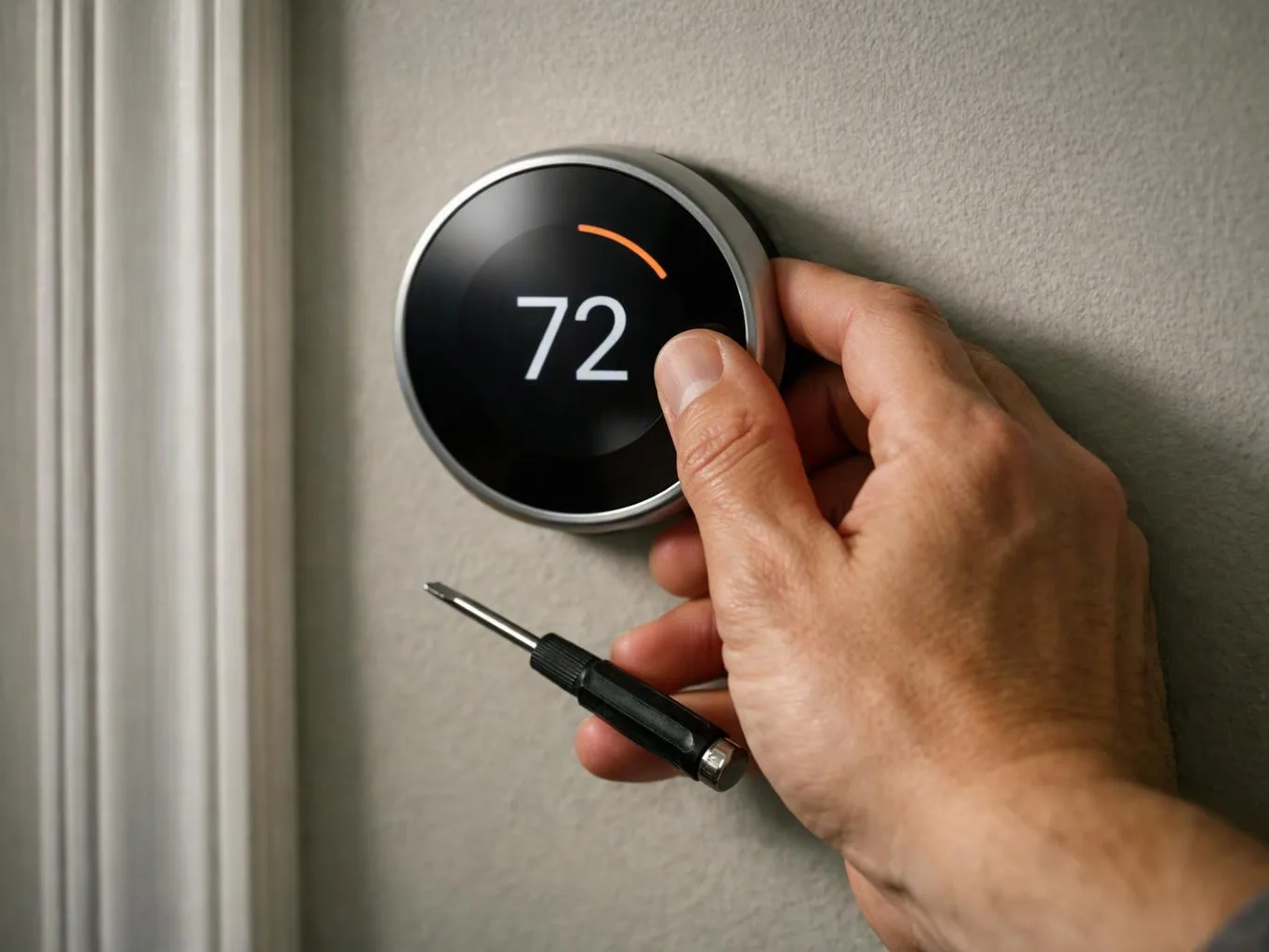 A hand adjusts a round wall thermostat showing 72 beside a screwdriver on a gray wall