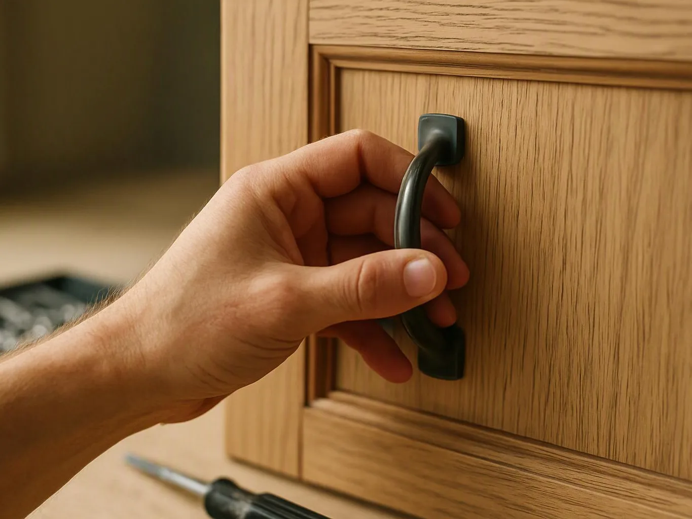 A hand grips a black cabinet handle on a wooden door, with a screwdriver lying below
