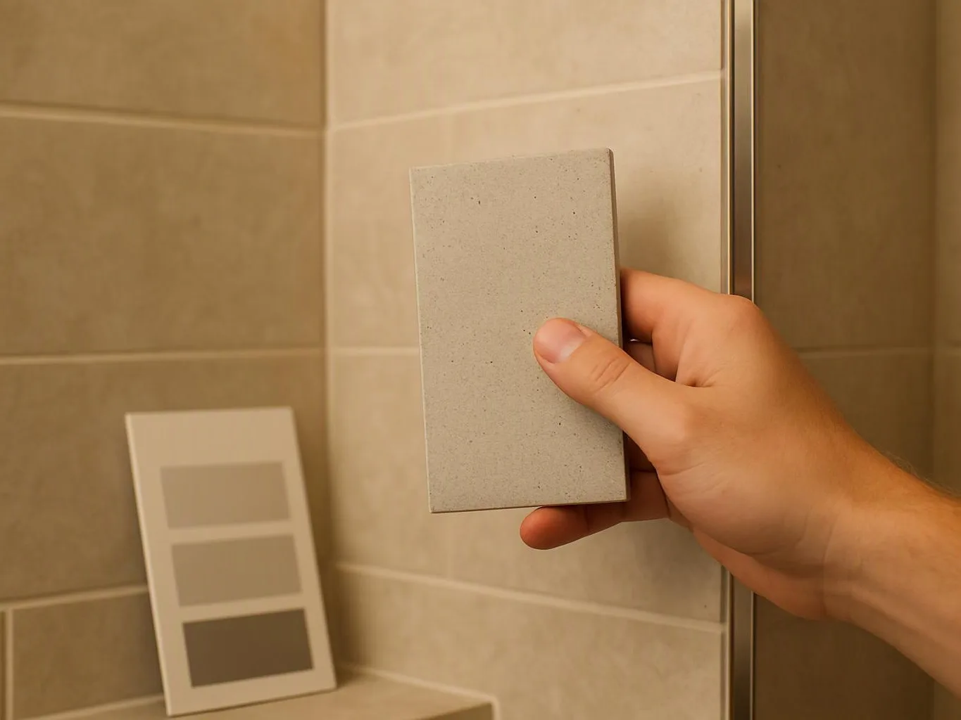 A hand holds a small gray tile sample in front of beige bathroom wall tiles and a shower door