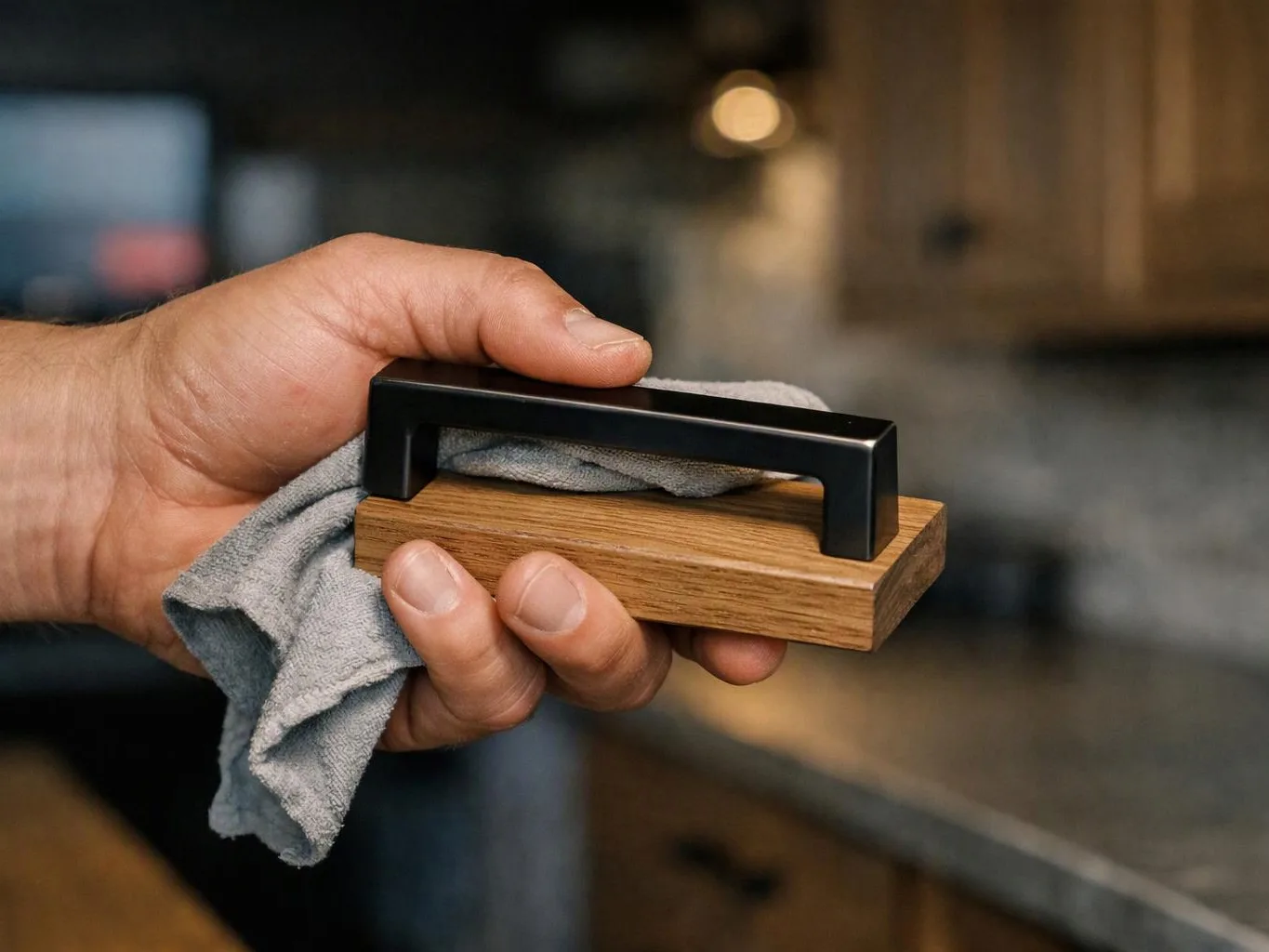 A hand holds a small wooden tool with a black handle and a gray cloth in a kitchen setting