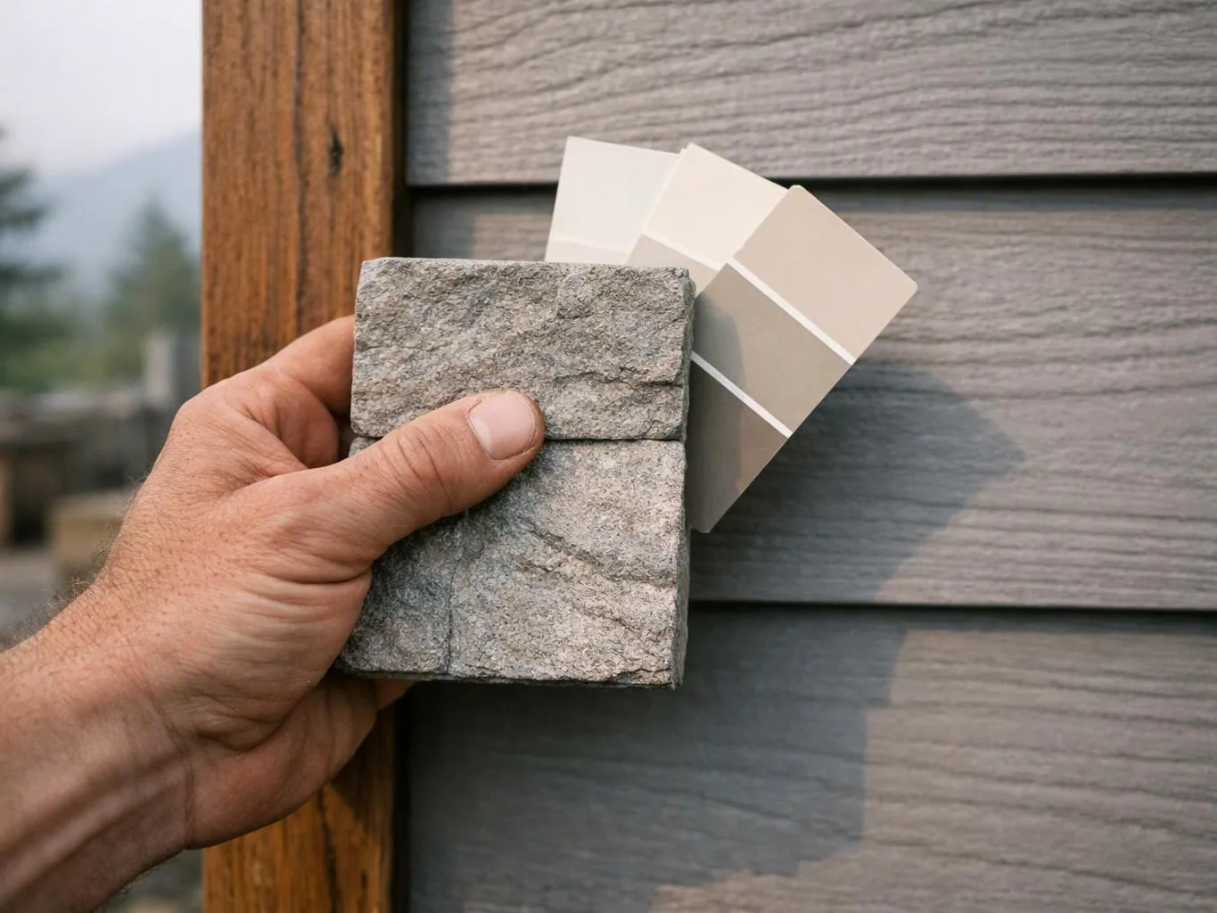 A hand holds stone and paint color samples against gray siding and a wood trim board