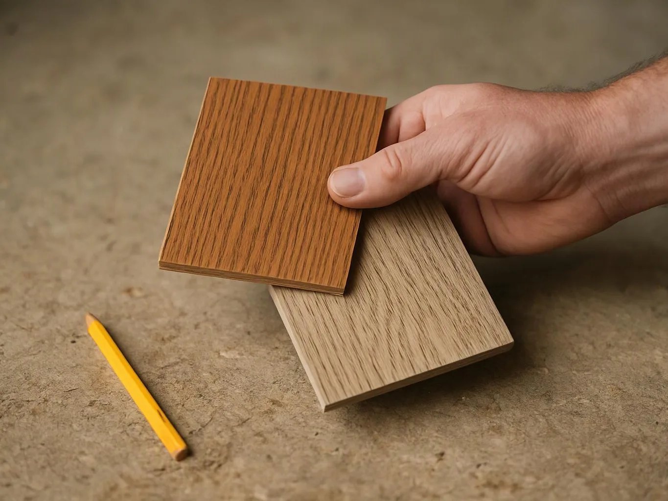 A hand holds two wood finish samples beside a yellow pencil on a stone surface