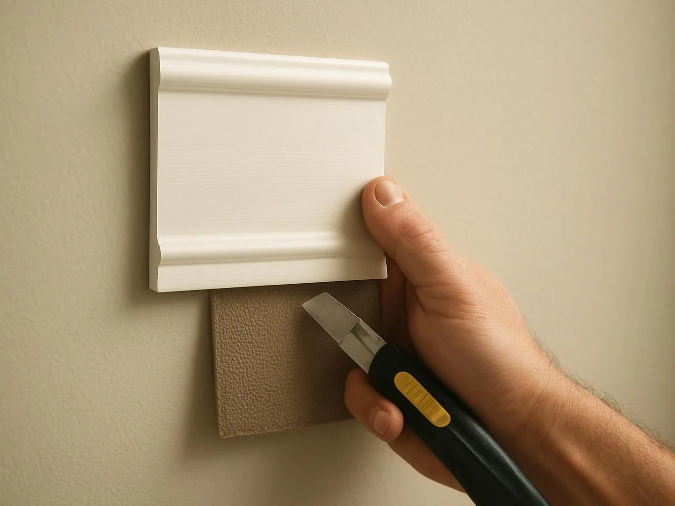 A hand holds a utility knife beside wall trim samples against a beige painted wall