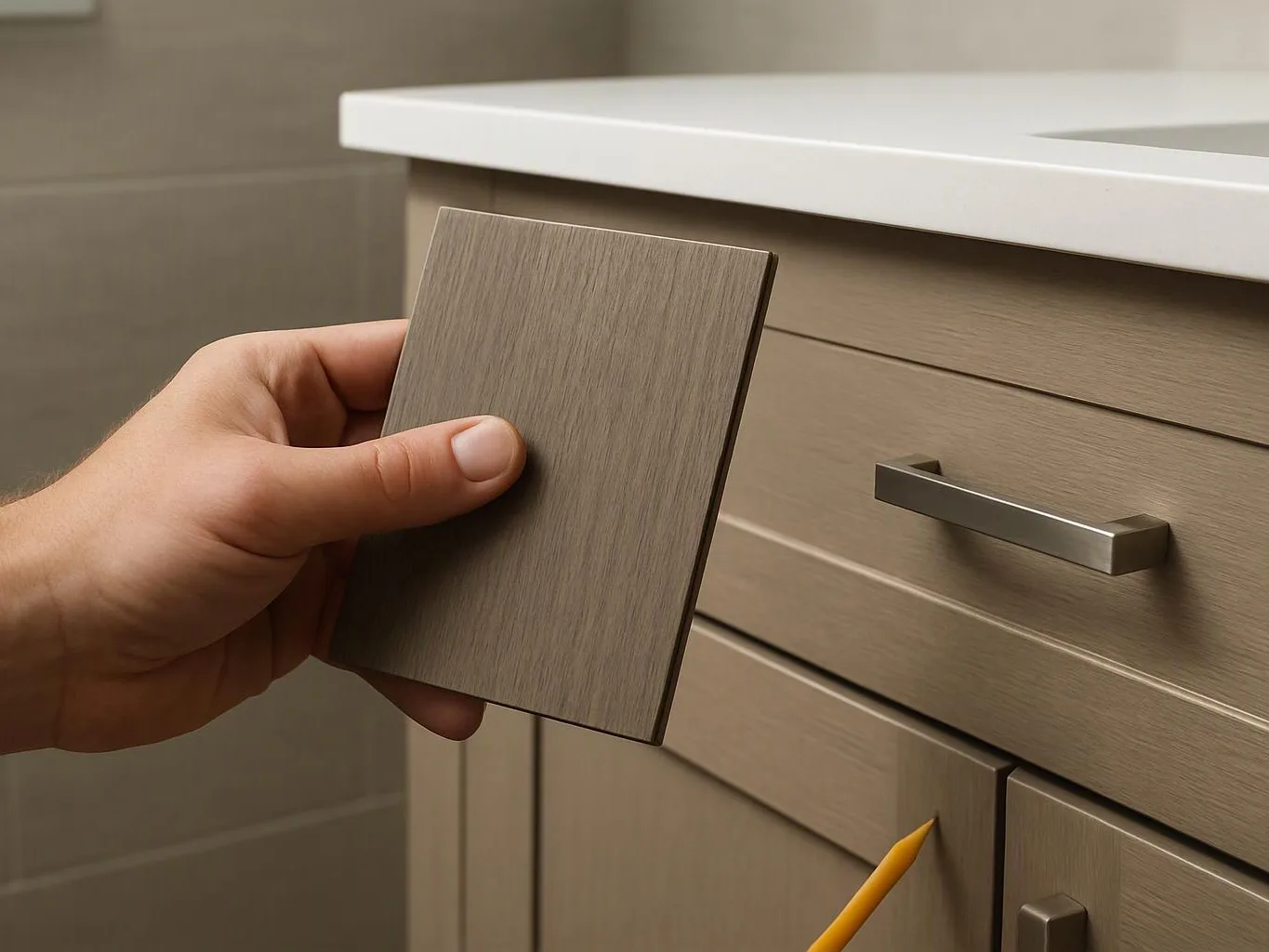 A hand holds a wood cabinet sample beside a matching bathroom vanity with a white countertop and silver handle