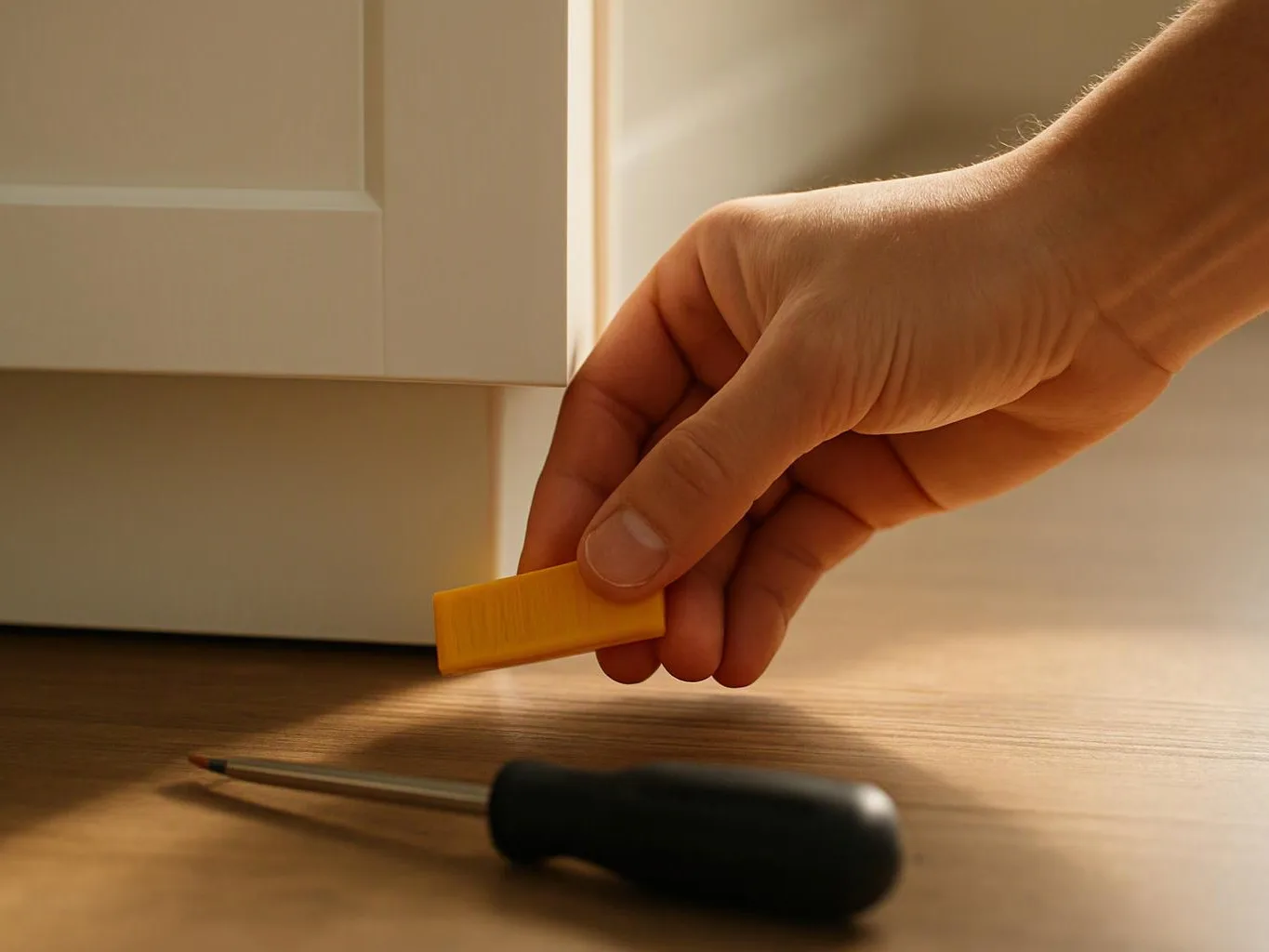 A hand holds a yellow block beside a white cabinet, with a screwdriver lying on a wooden floor
