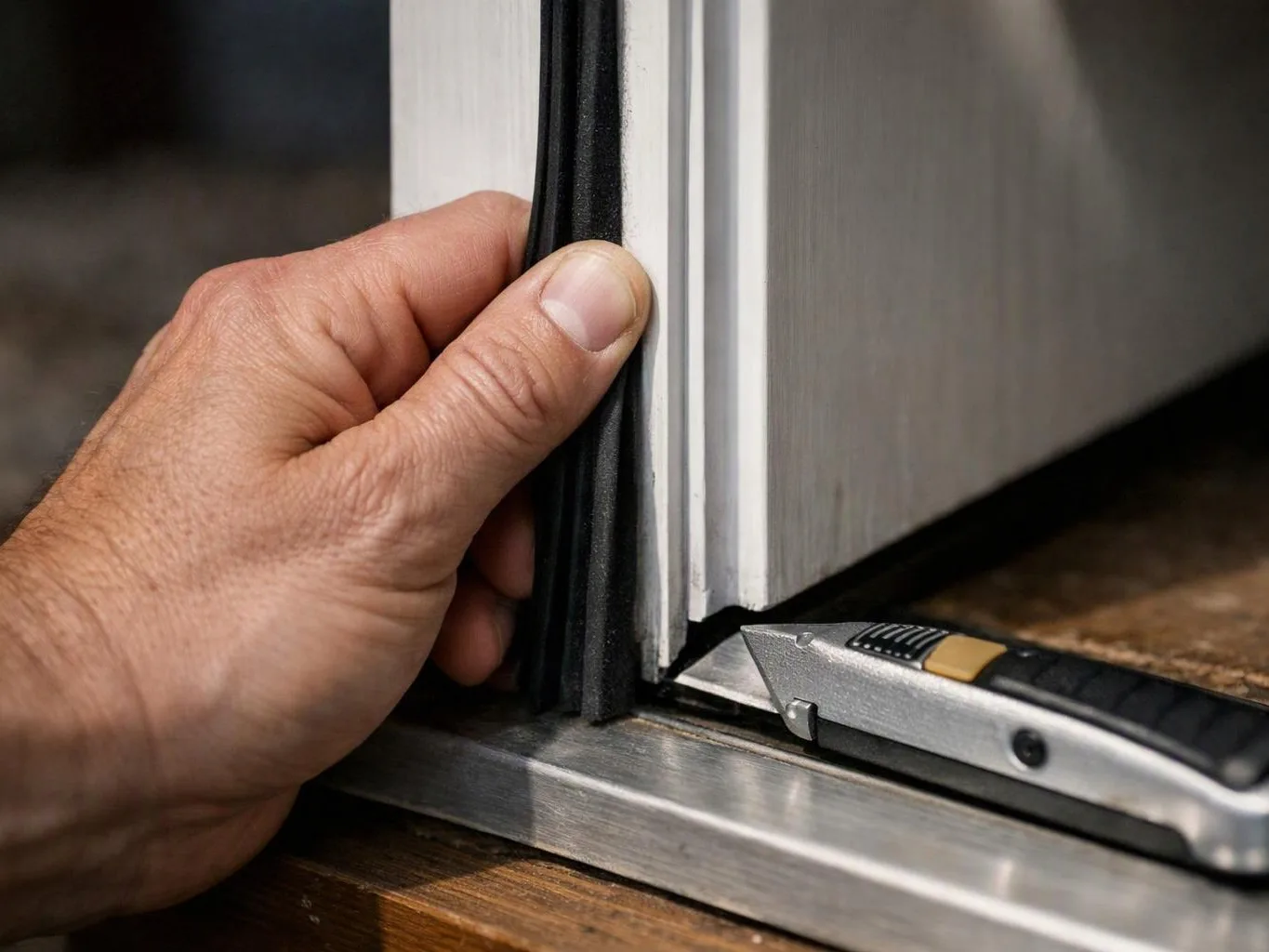 A hand presses black weatherstripping into a white door frame beside a utility knife on a wooden floor