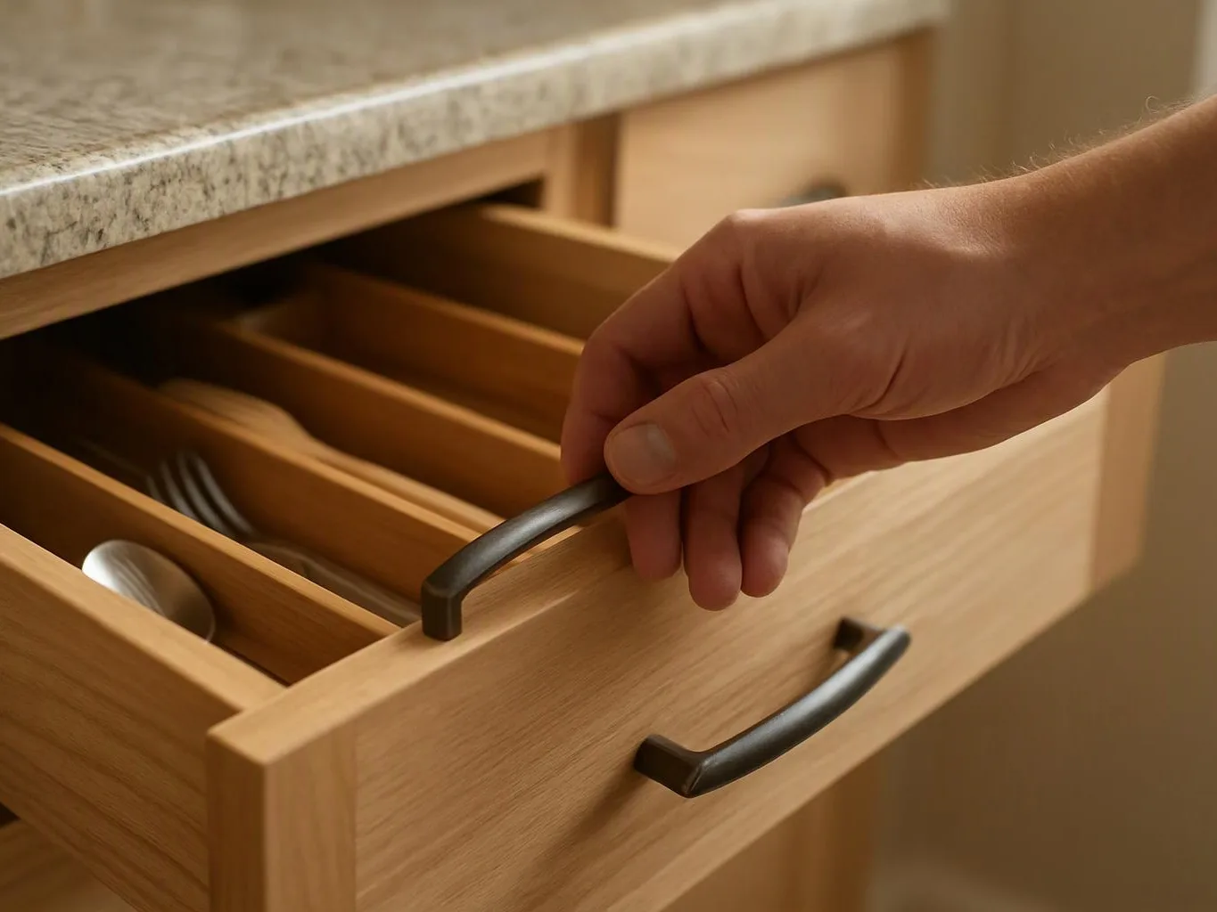 A hand pulls open a wooden kitchen drawer beside a granite countertop, revealing dish dividers and utensils