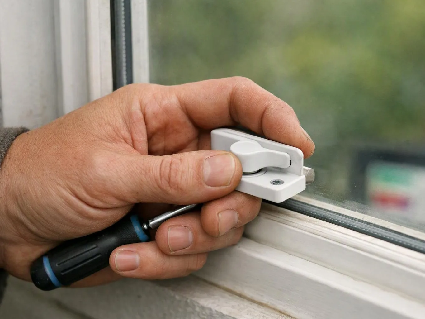 A hand uses a screwdriver to tighten a white window latch on a glass frame
