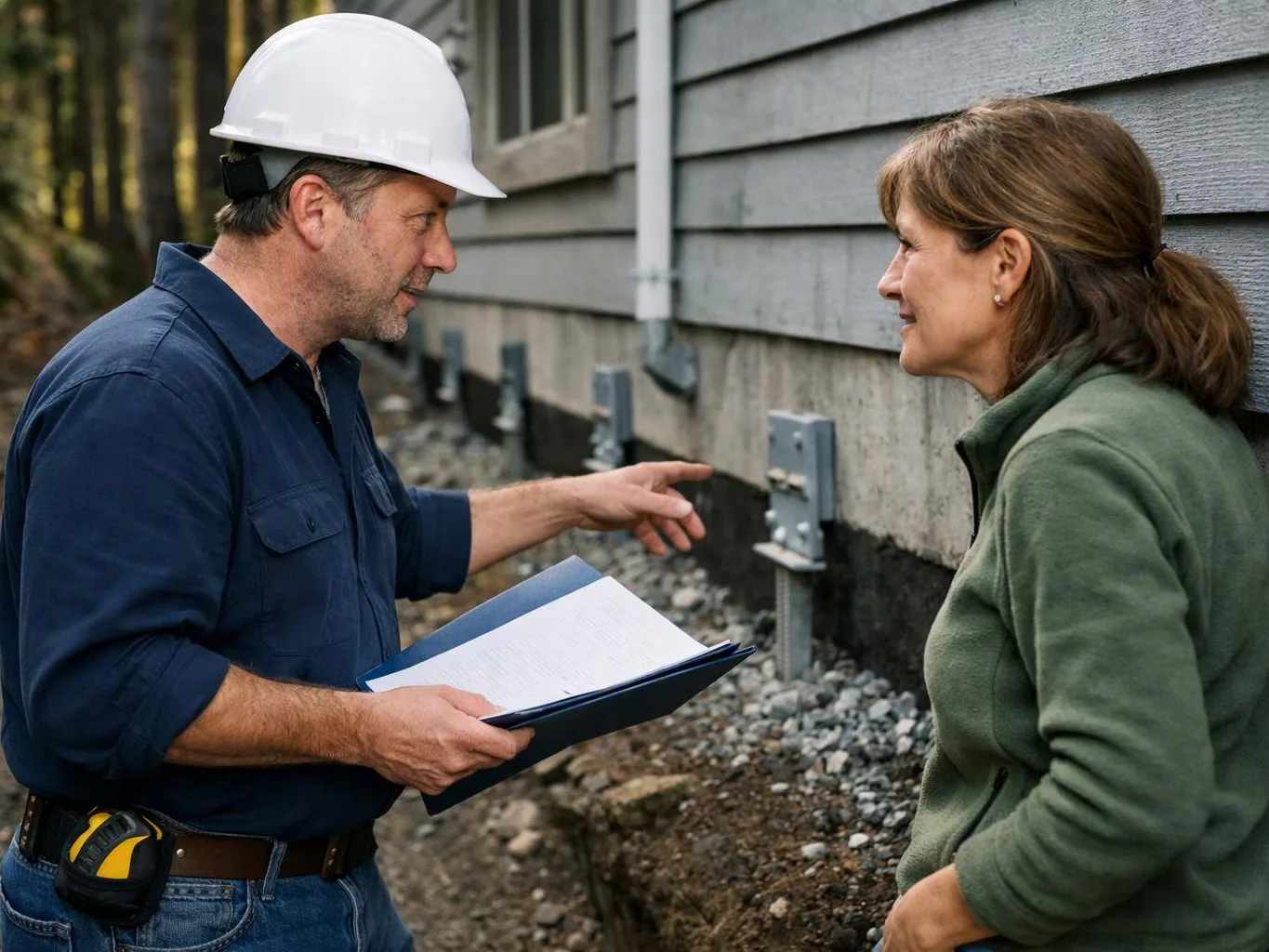 A hard hat worker points at a house foundation while speaking to a woman outside the wall