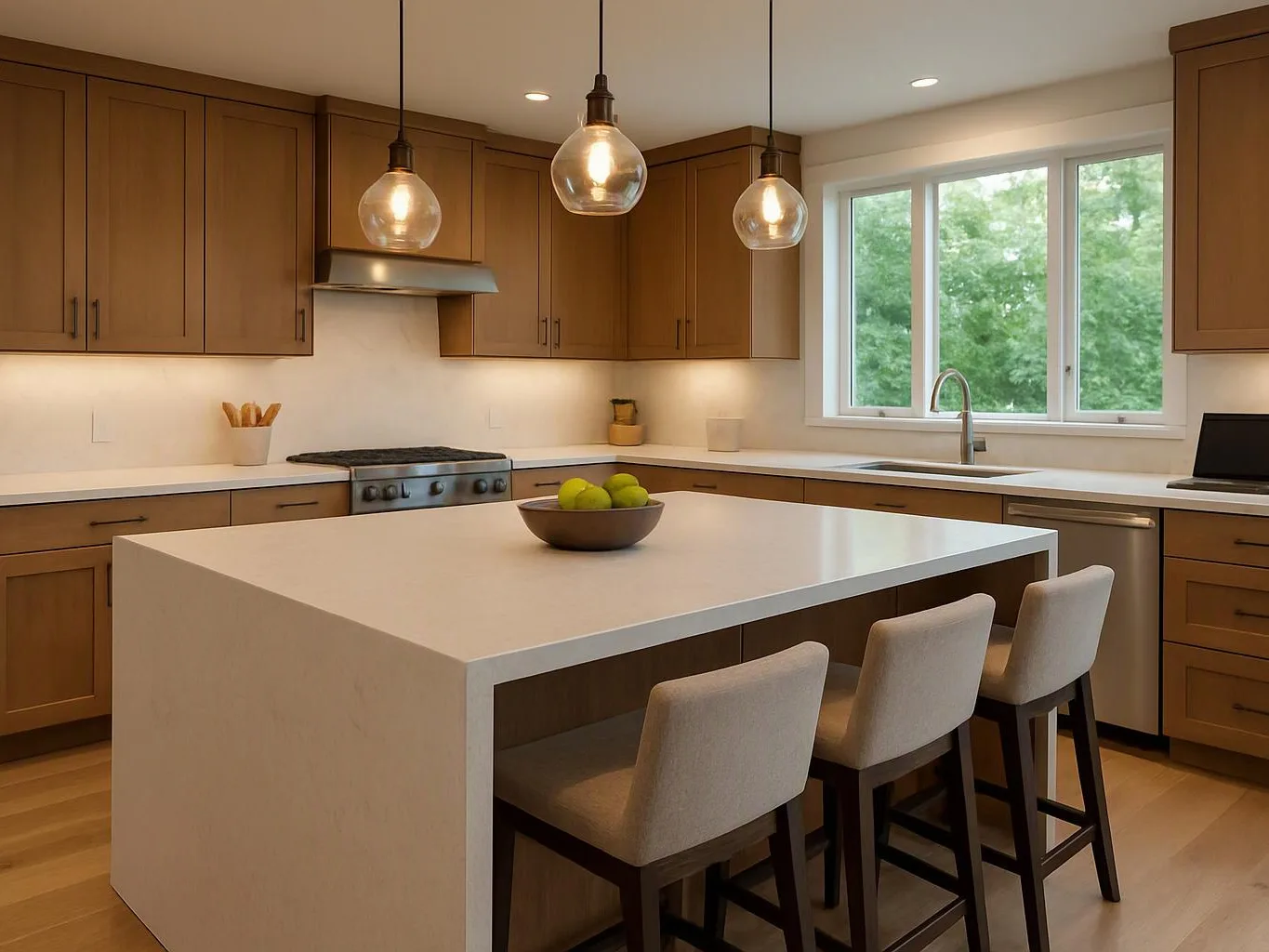 A modern kitchen features a large white island, three stools, wood cabinets, and hanging glass lights