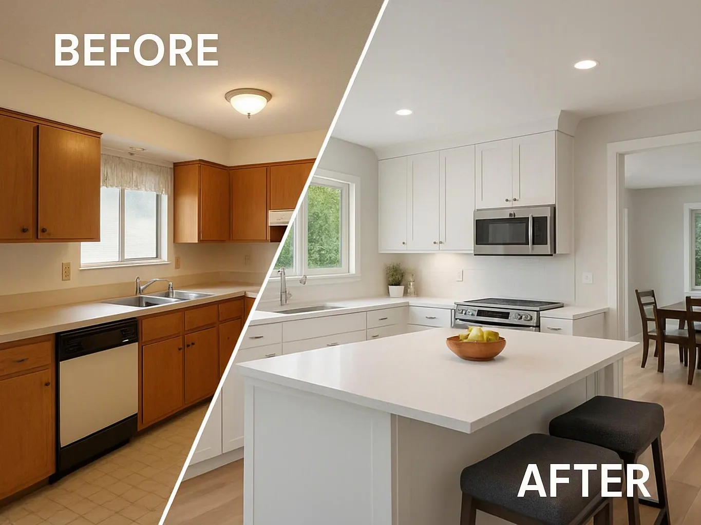 Split view shows a dated kitchen before and a bright white remodeled kitchen with island after