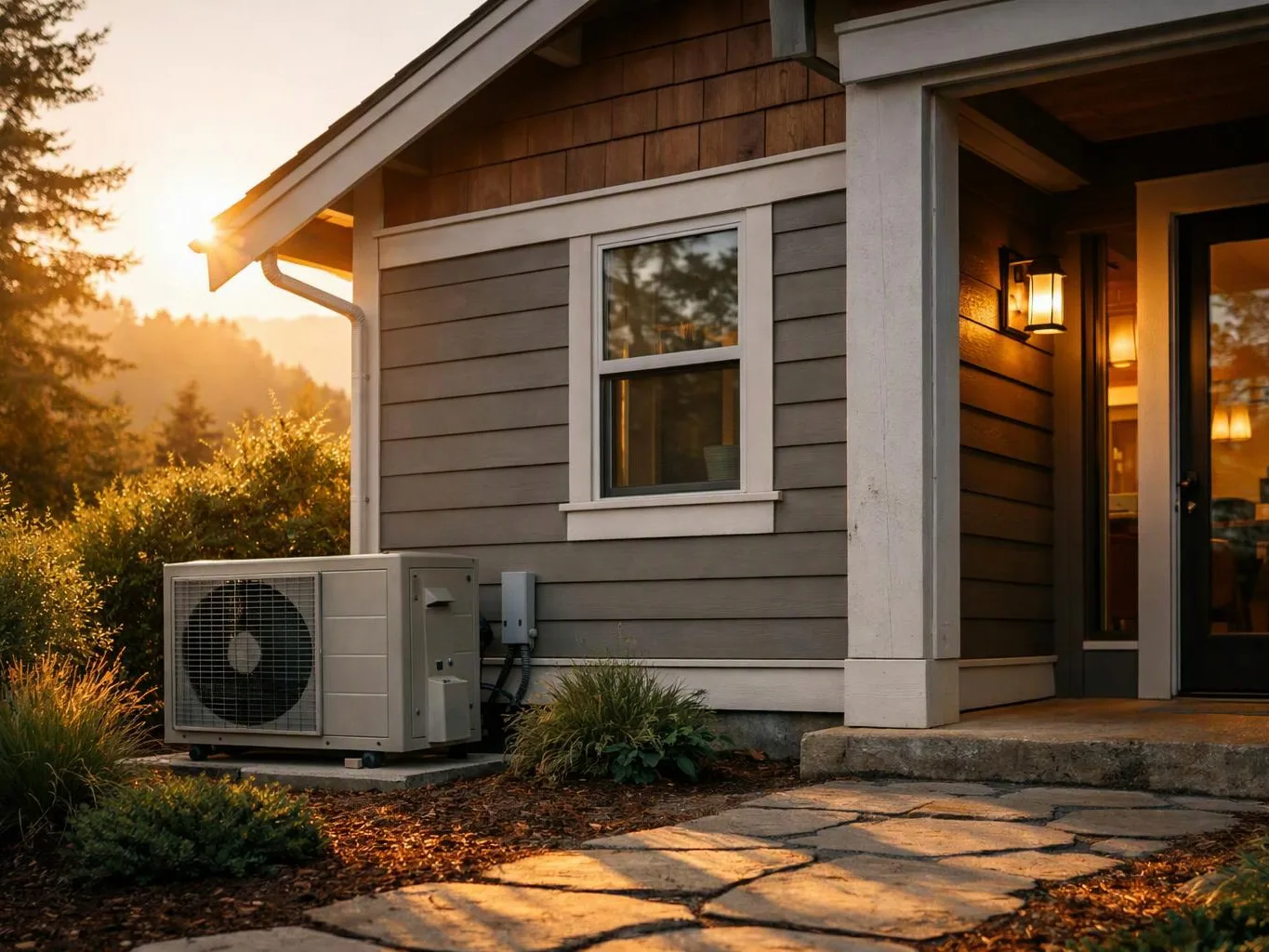 A house exterior with an outdoor HVAC unit, glowing porch lights, and sunset light on the stone path