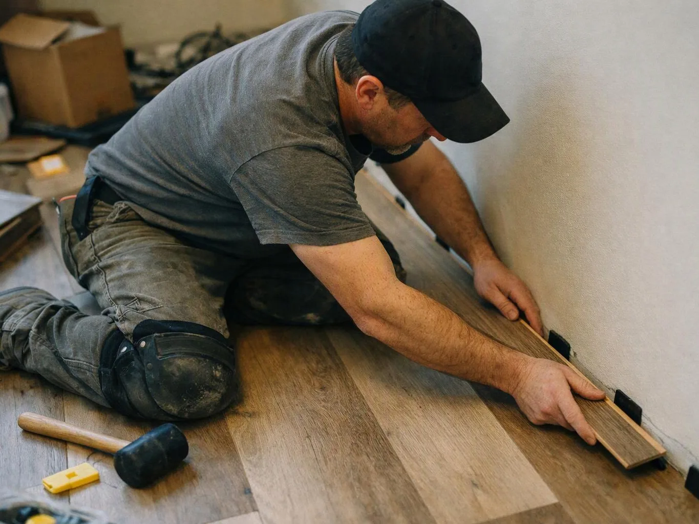 A kneeling worker fits wood floor boards along a wall with a mallet and spacer blocks nearby