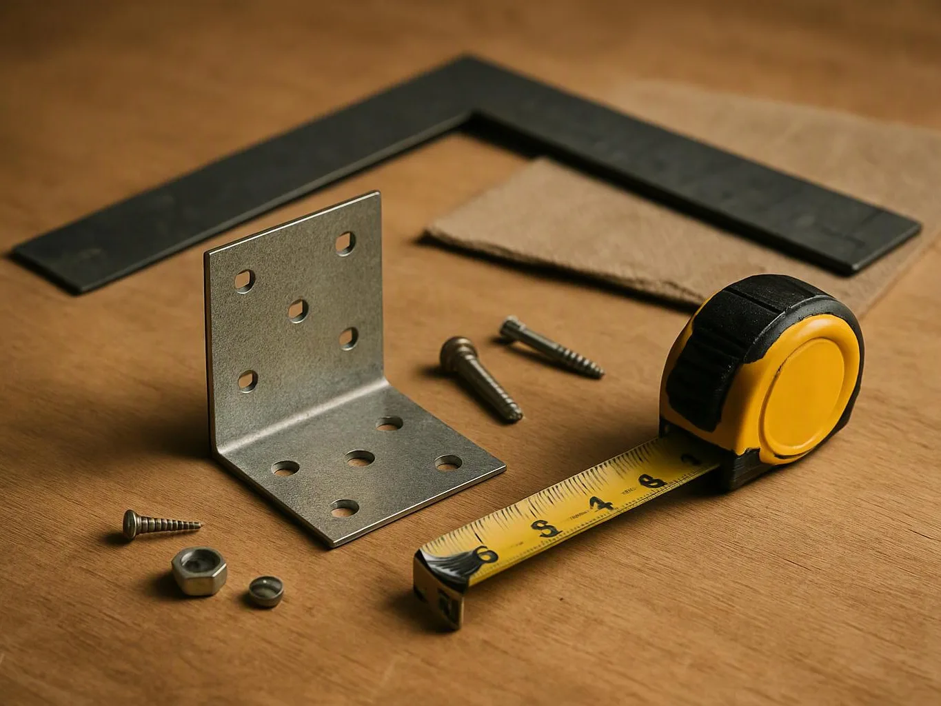 An L-shaped metal bracket, screws, and a yellow tape measure rest on a wooden work surface
