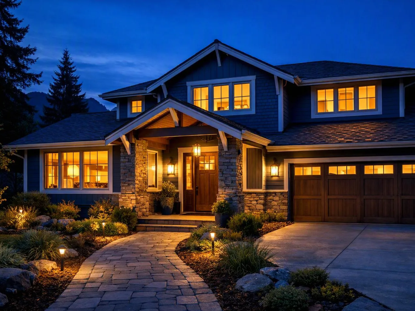 A lit two-story house with stone siding, glowing windows, and a curved walkway sits at dusk
