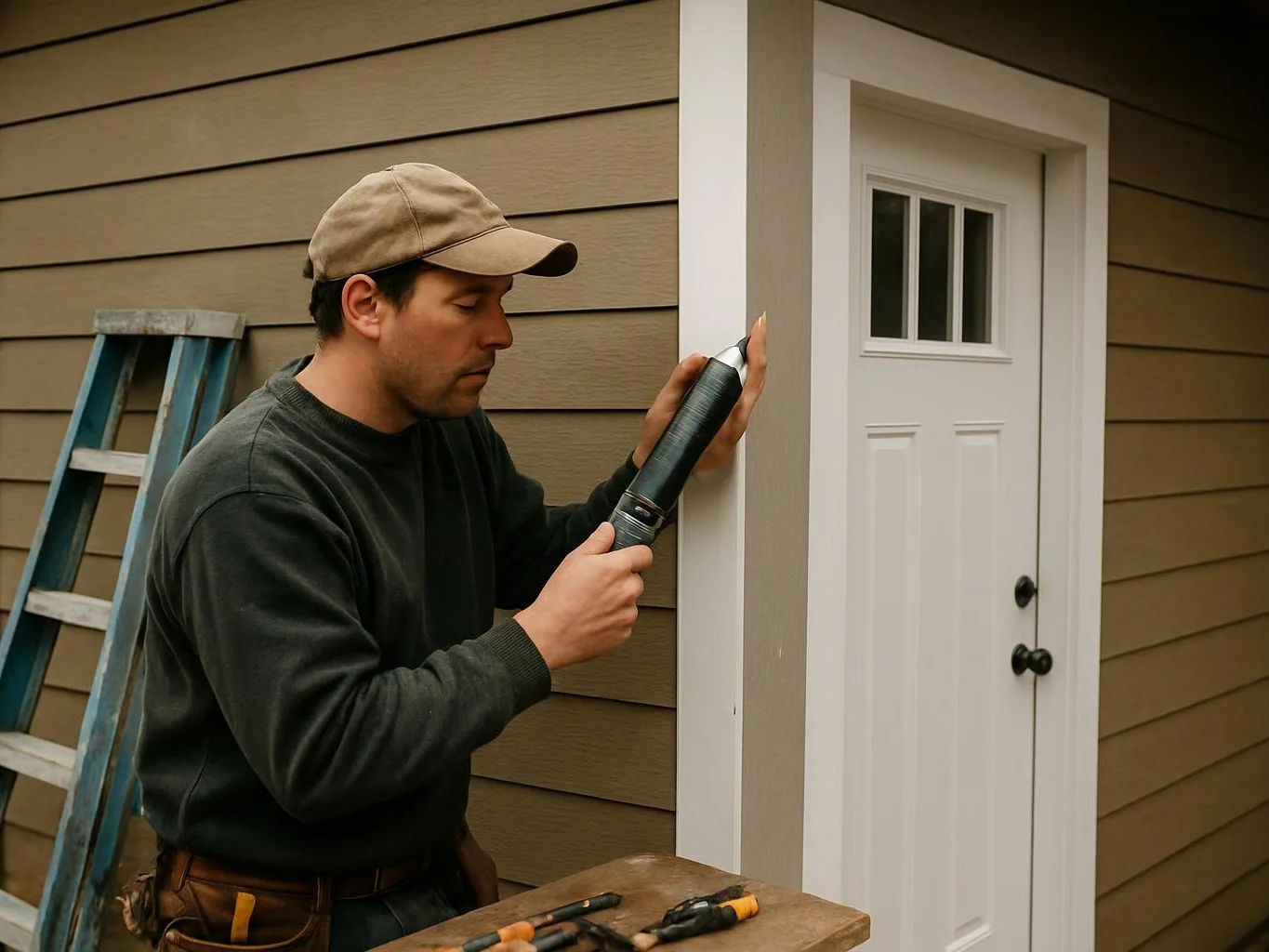 A man applies caulk along an exterior corner beside a white door, with a ladder and tools nearby