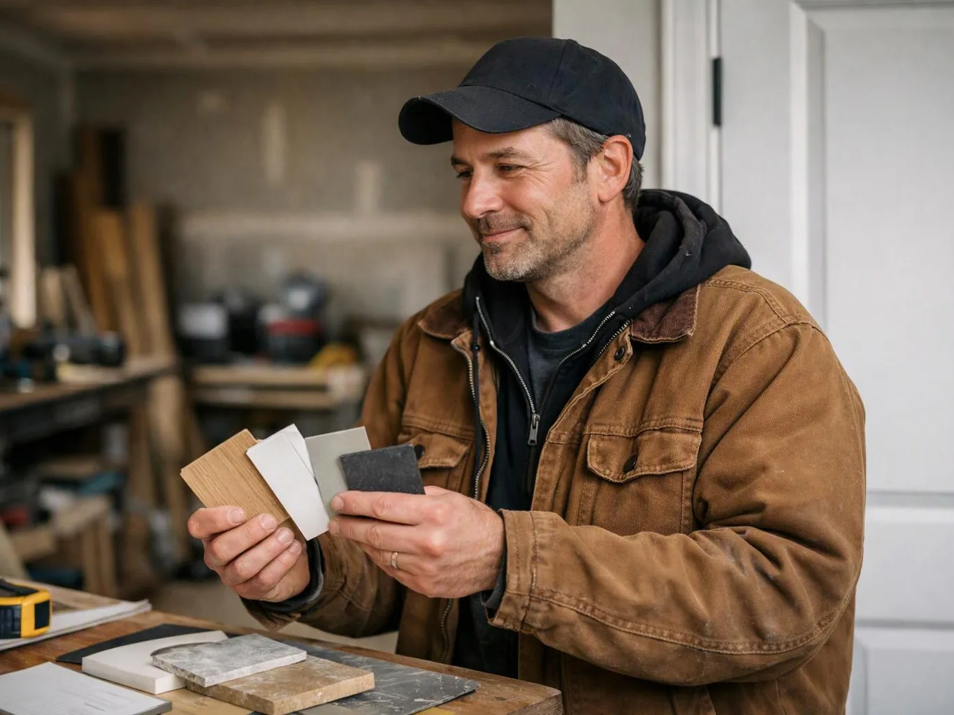 A man in a cap and brown jacket compares paint or material samples at a workbench in a workshop