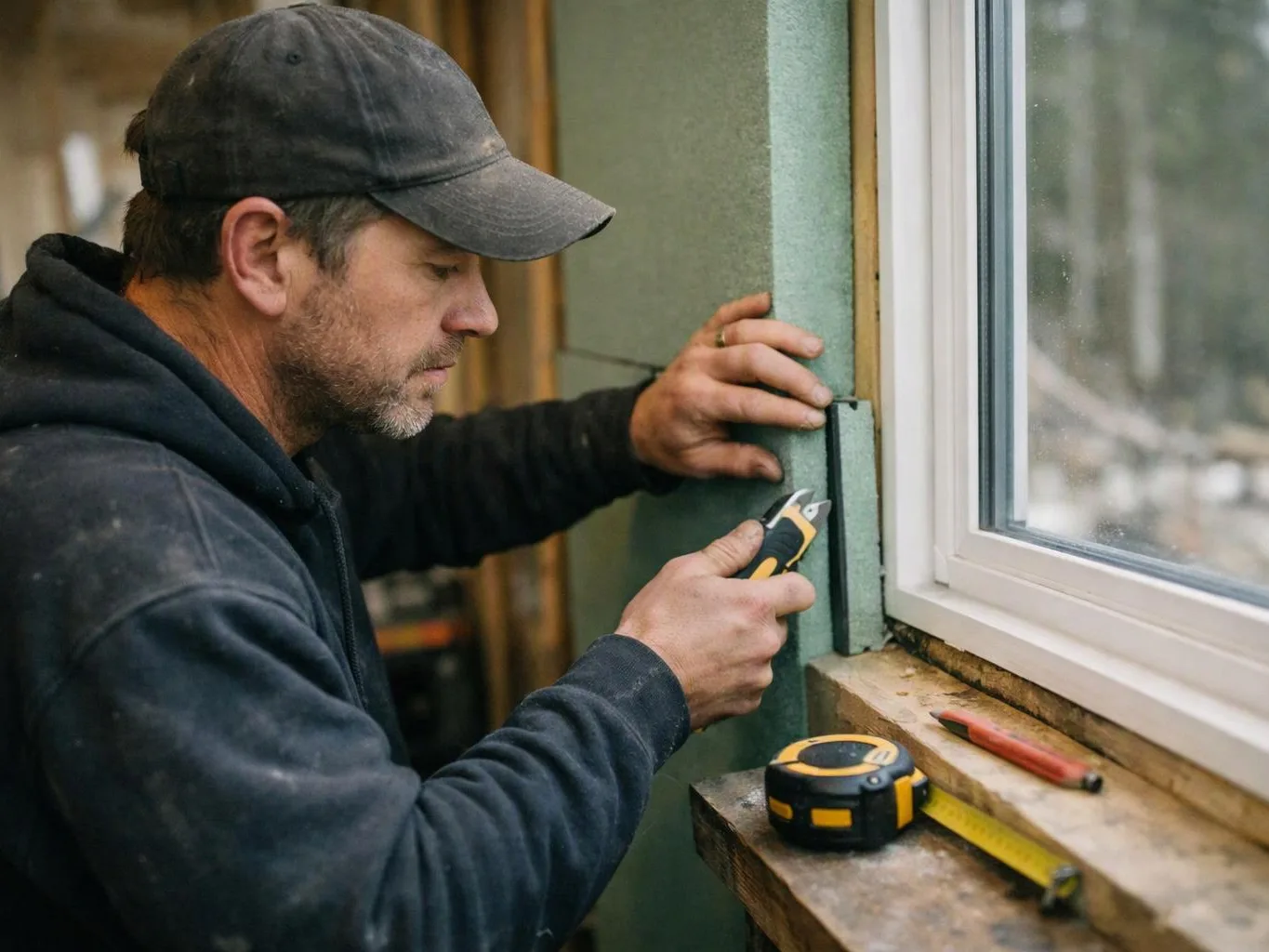 A man in a cap cuts insulation beside a window with a utility knife indoors