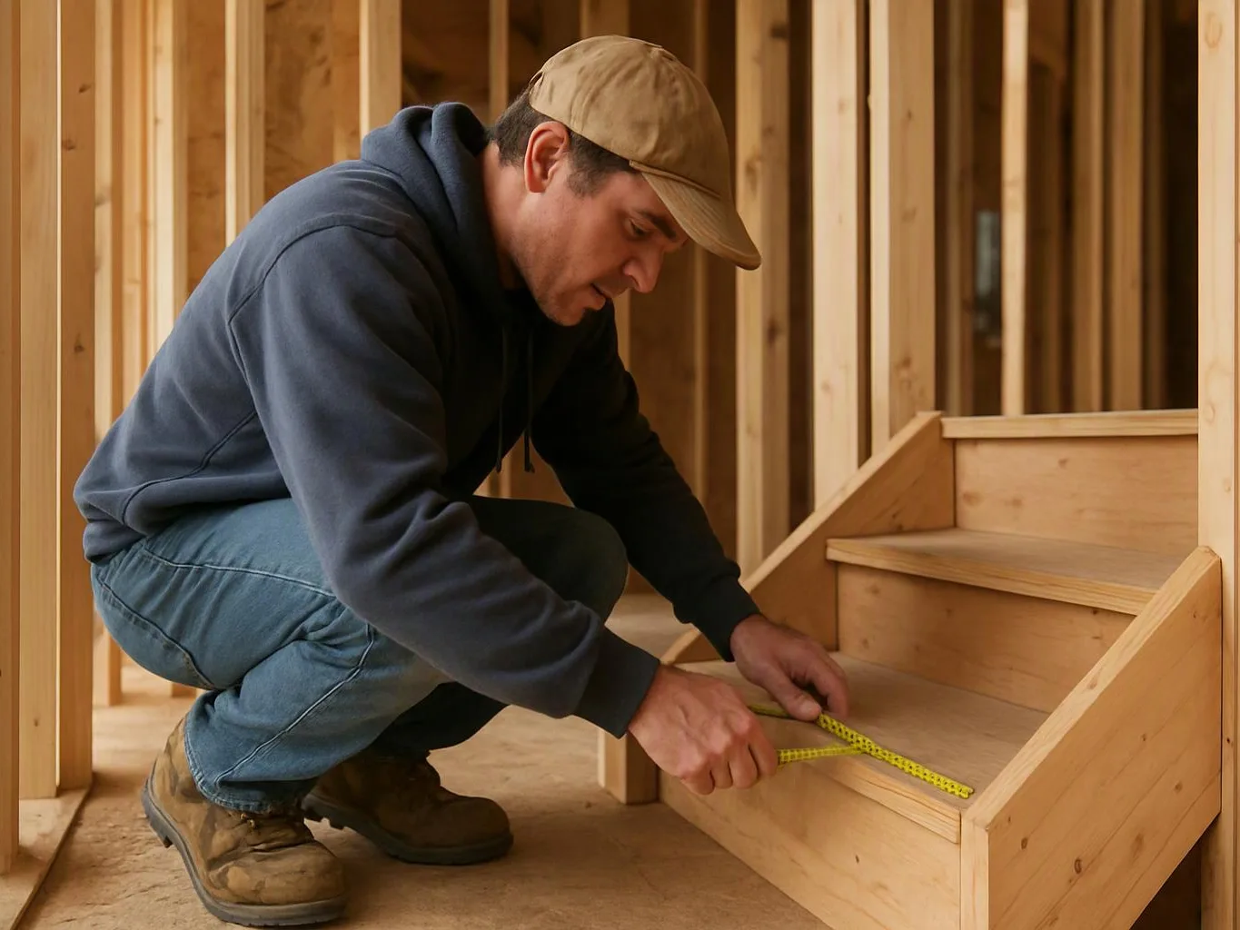 A man in a cap kneels inside a wooden frame, measuring steps with a tape measure
