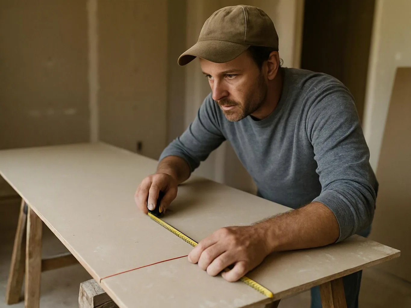 A man in a cap measures a board with a tape measure in a bare room Information available on request