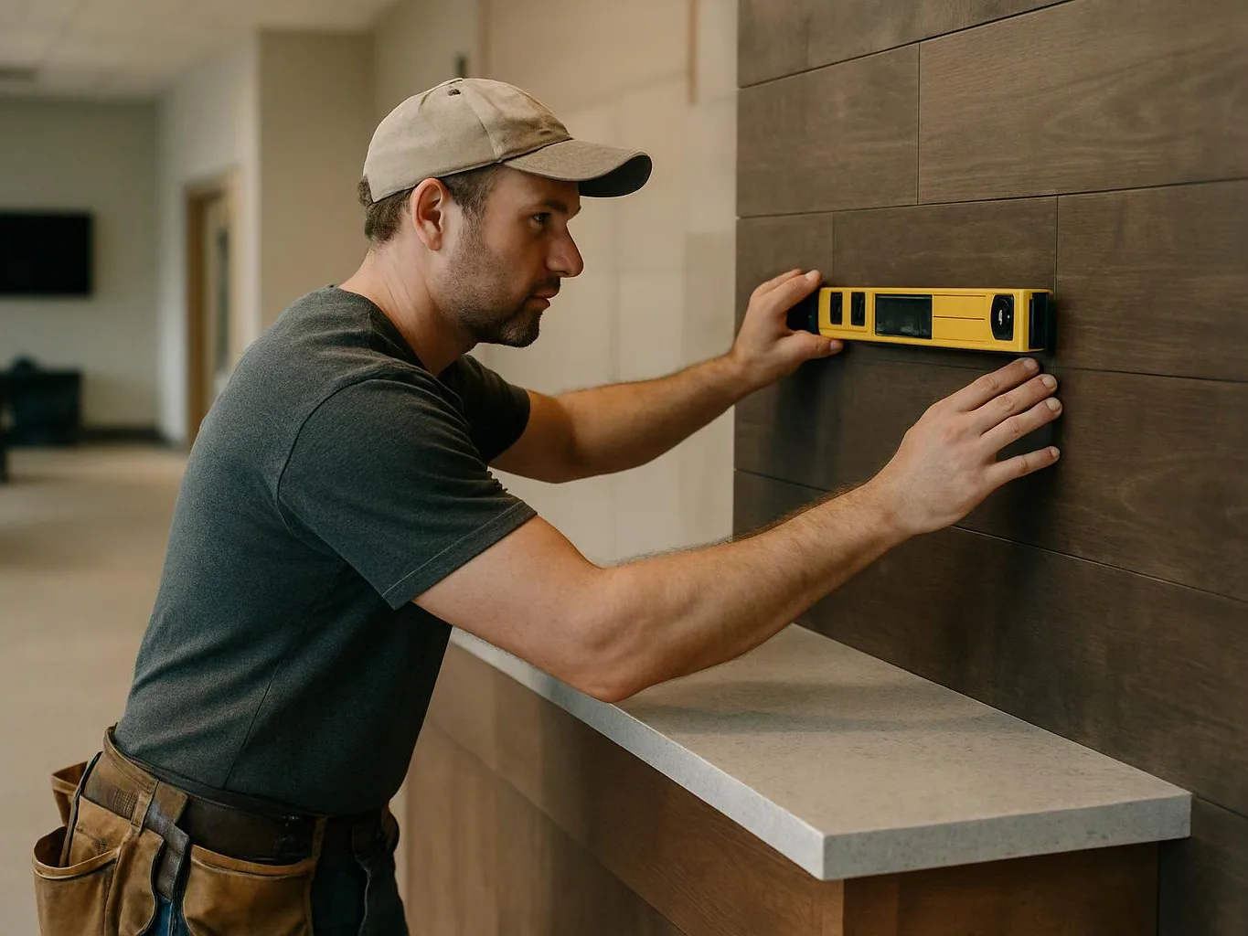 A man in a cap measures a dark wood wall with a yellow level in a hallway