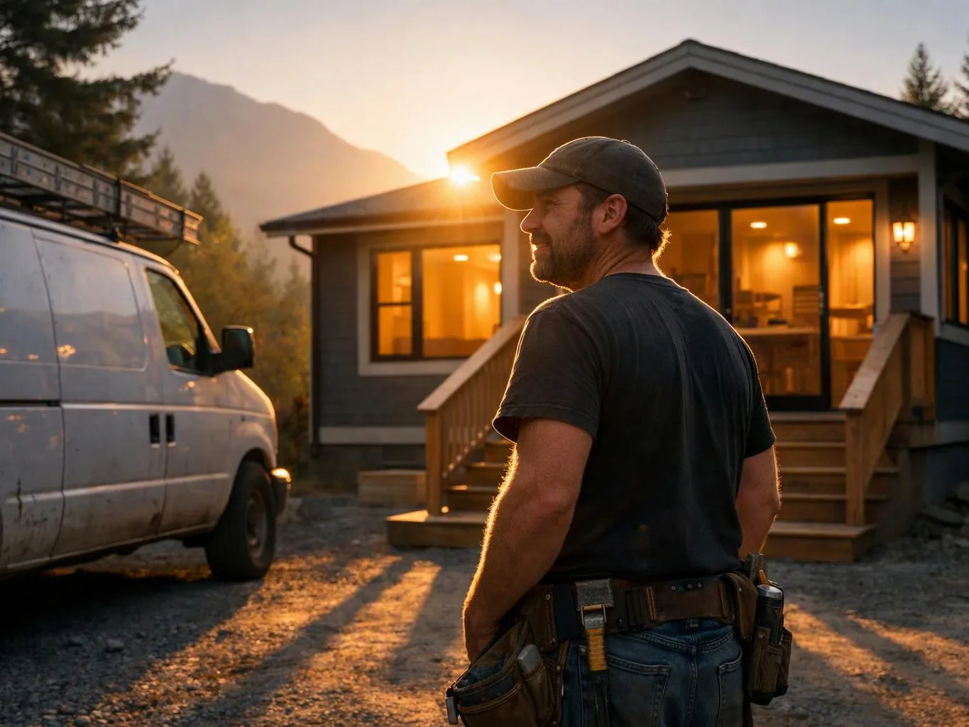 A man in a cap stands beside a work van outside a house at sunset