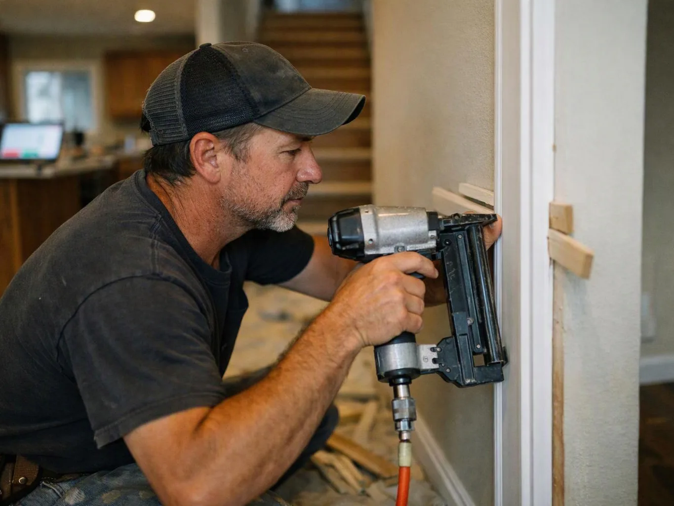 A man in a cap uses a nail gun to fasten trim beside a doorway indoors