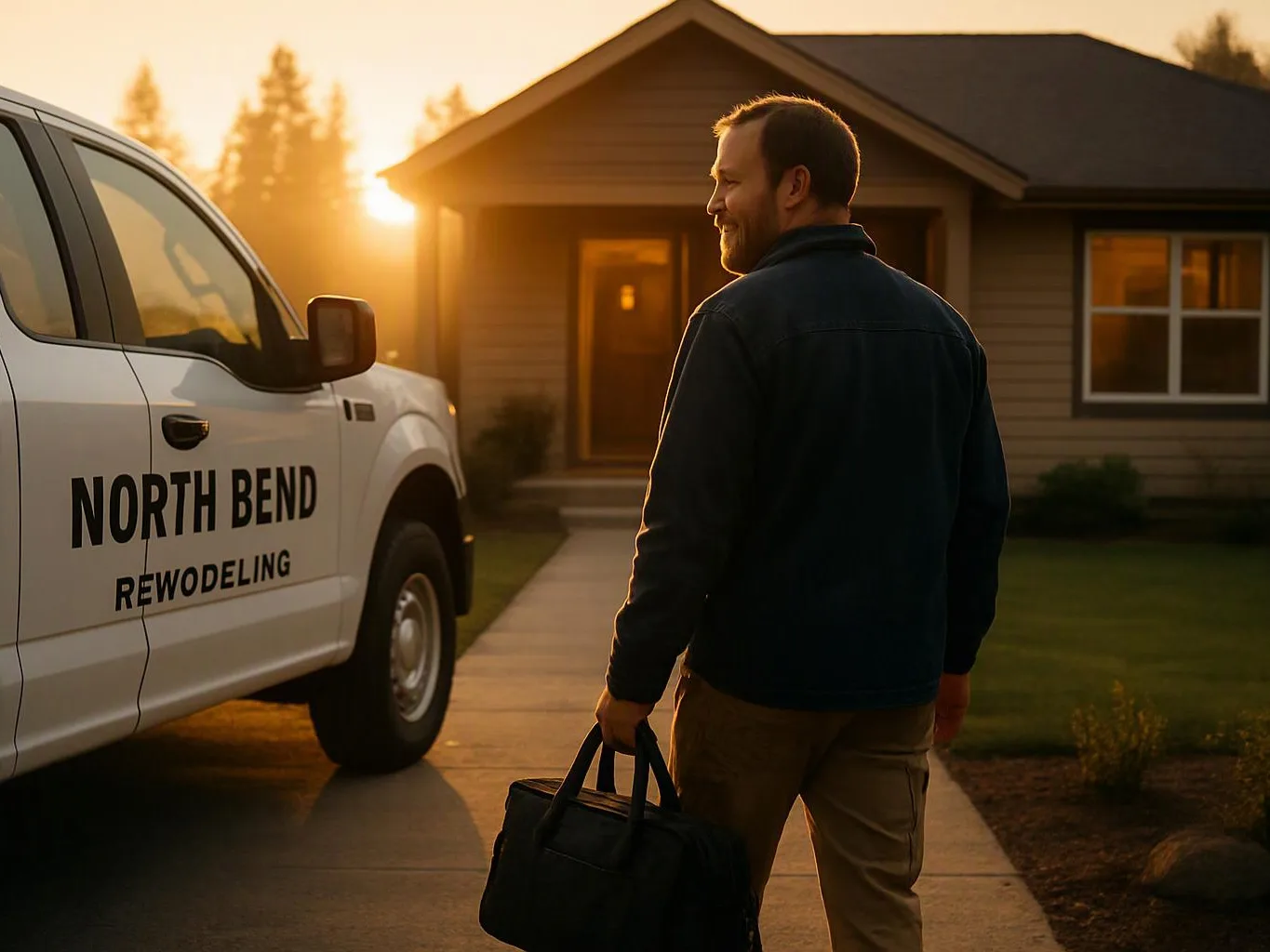 A man carries a black bag toward a house beside a white work truck at sunset