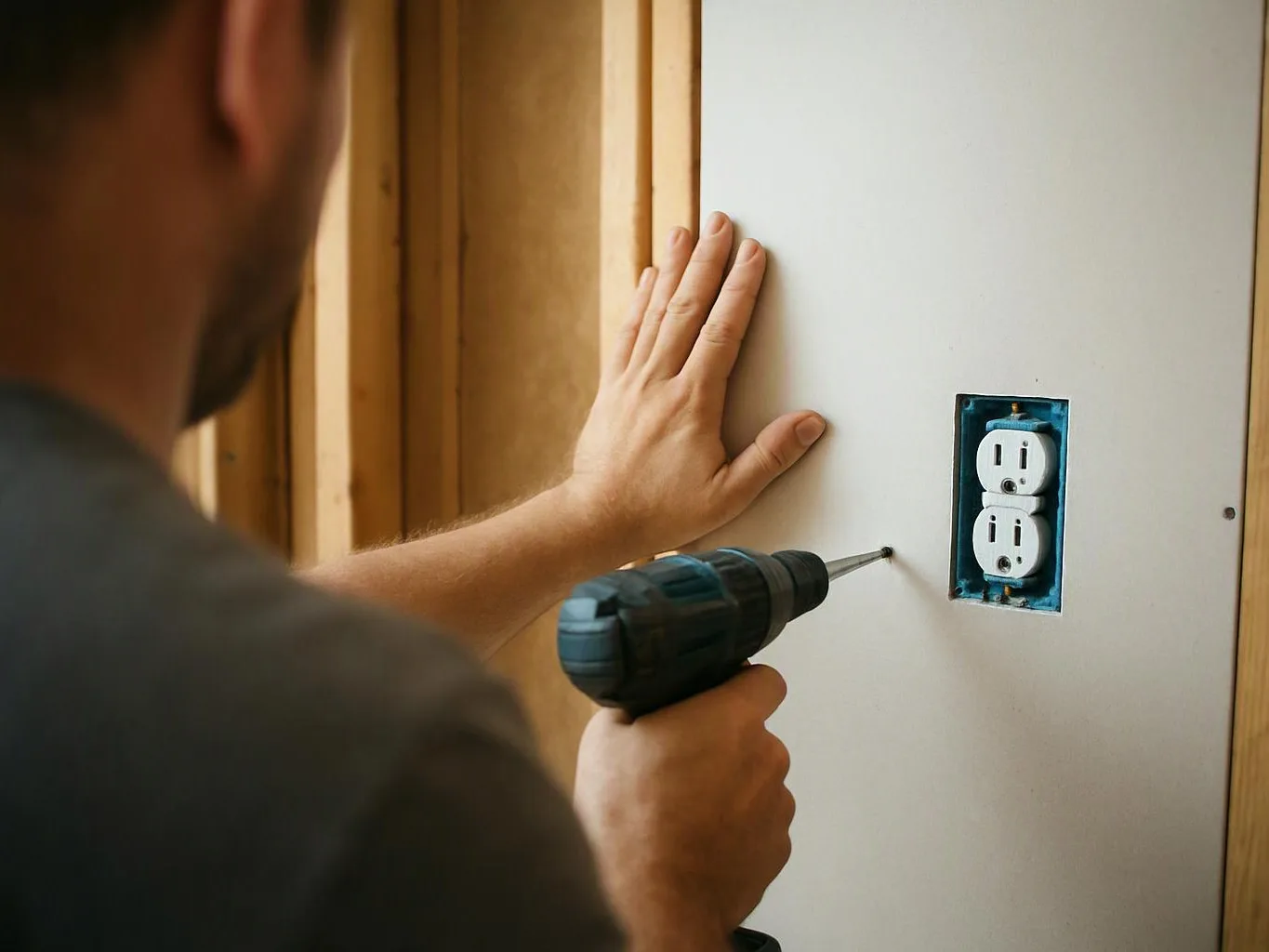 A man drills into a white wall beside an electrical outlet in an unfinished room