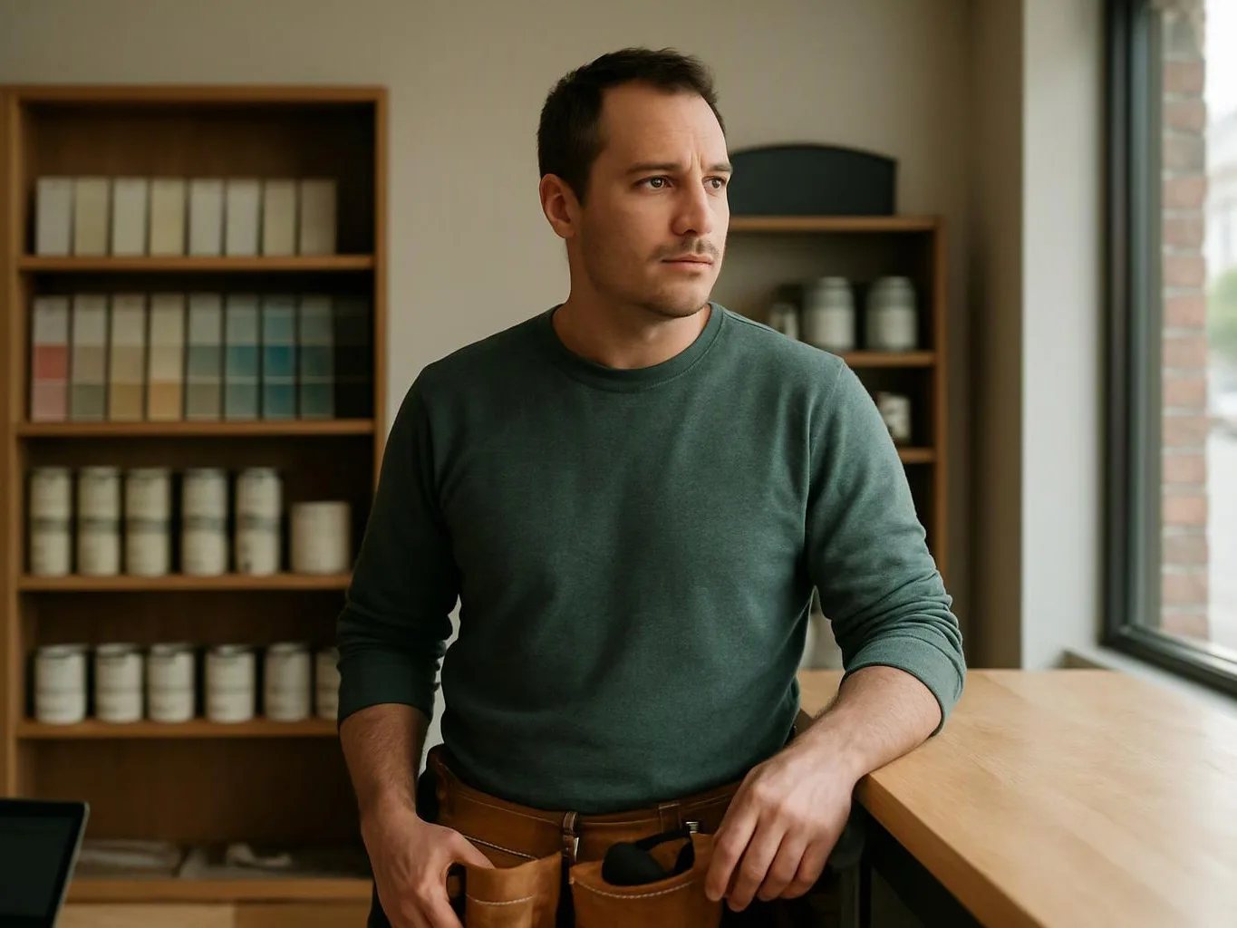 A man in a green shirt stands by a wooden counter, looking out a bright window in a shop-like room