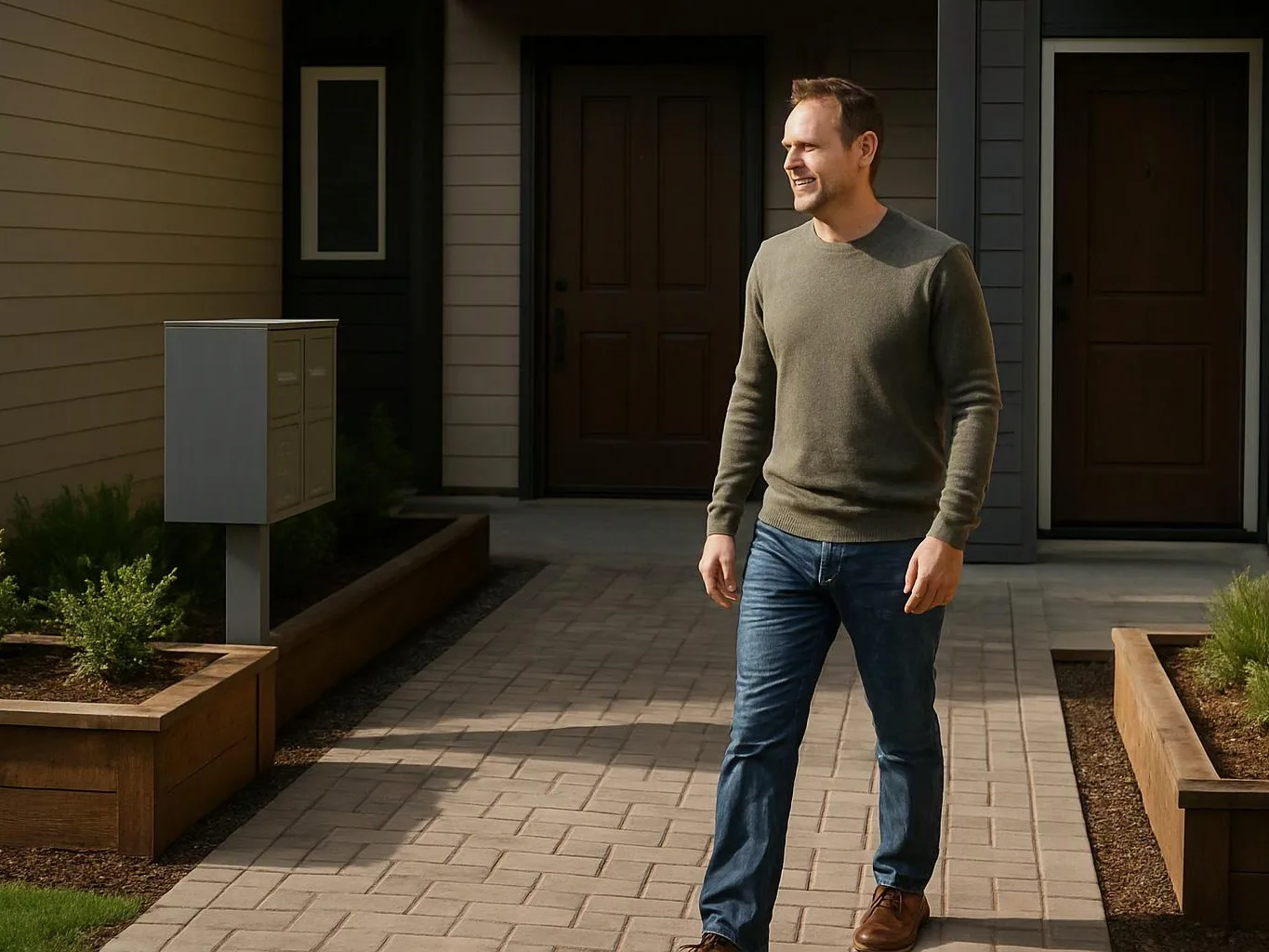A man in a green sweater walks along a paved path beside a house and mailbox