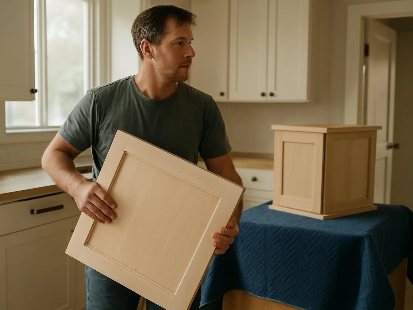 A man holds a cabinet door panel in a bright kitchen, with a small unfinished cabinet on a covered table