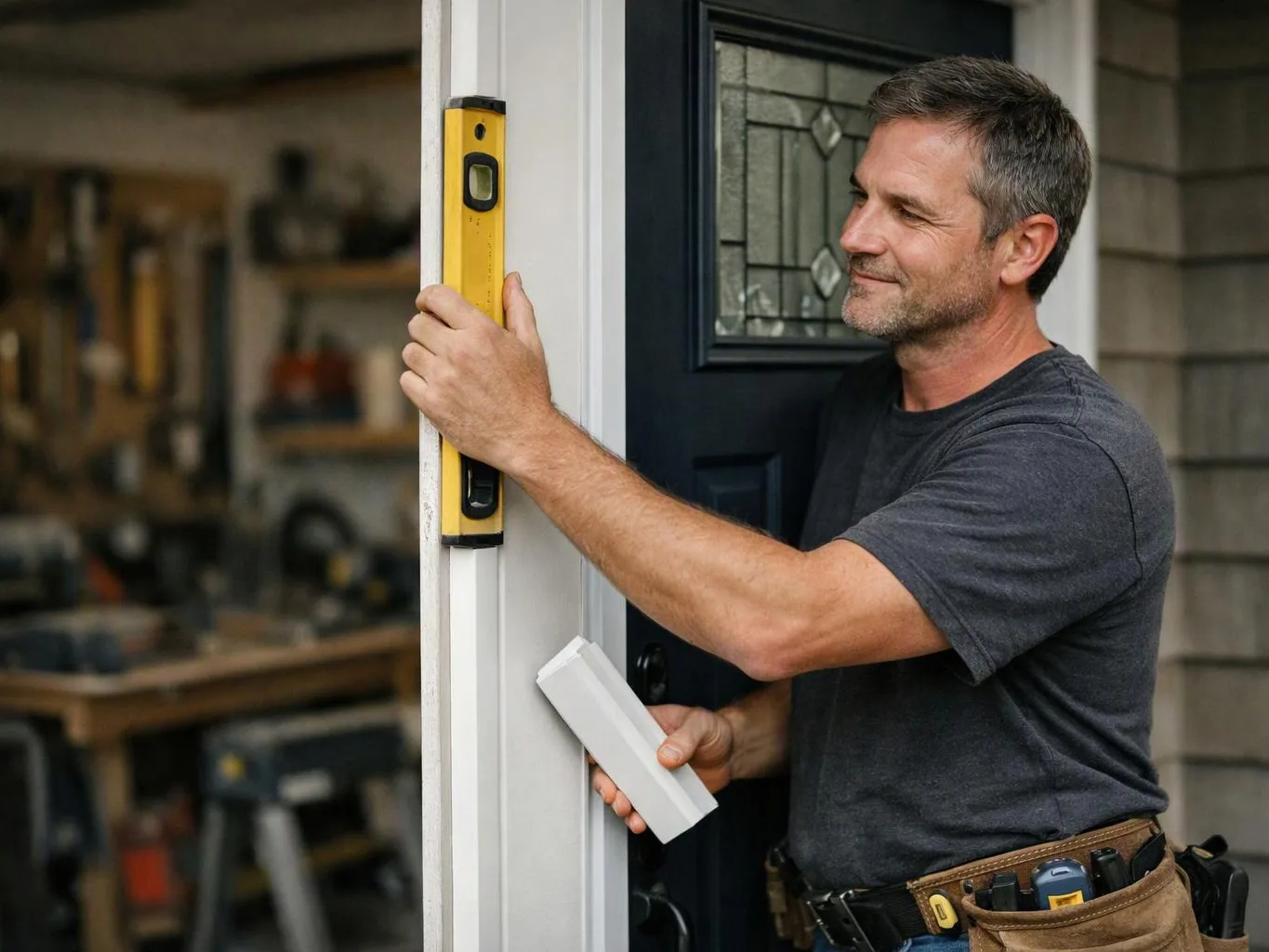 A man holds a yellow level against a door frame while standing beside an open front door