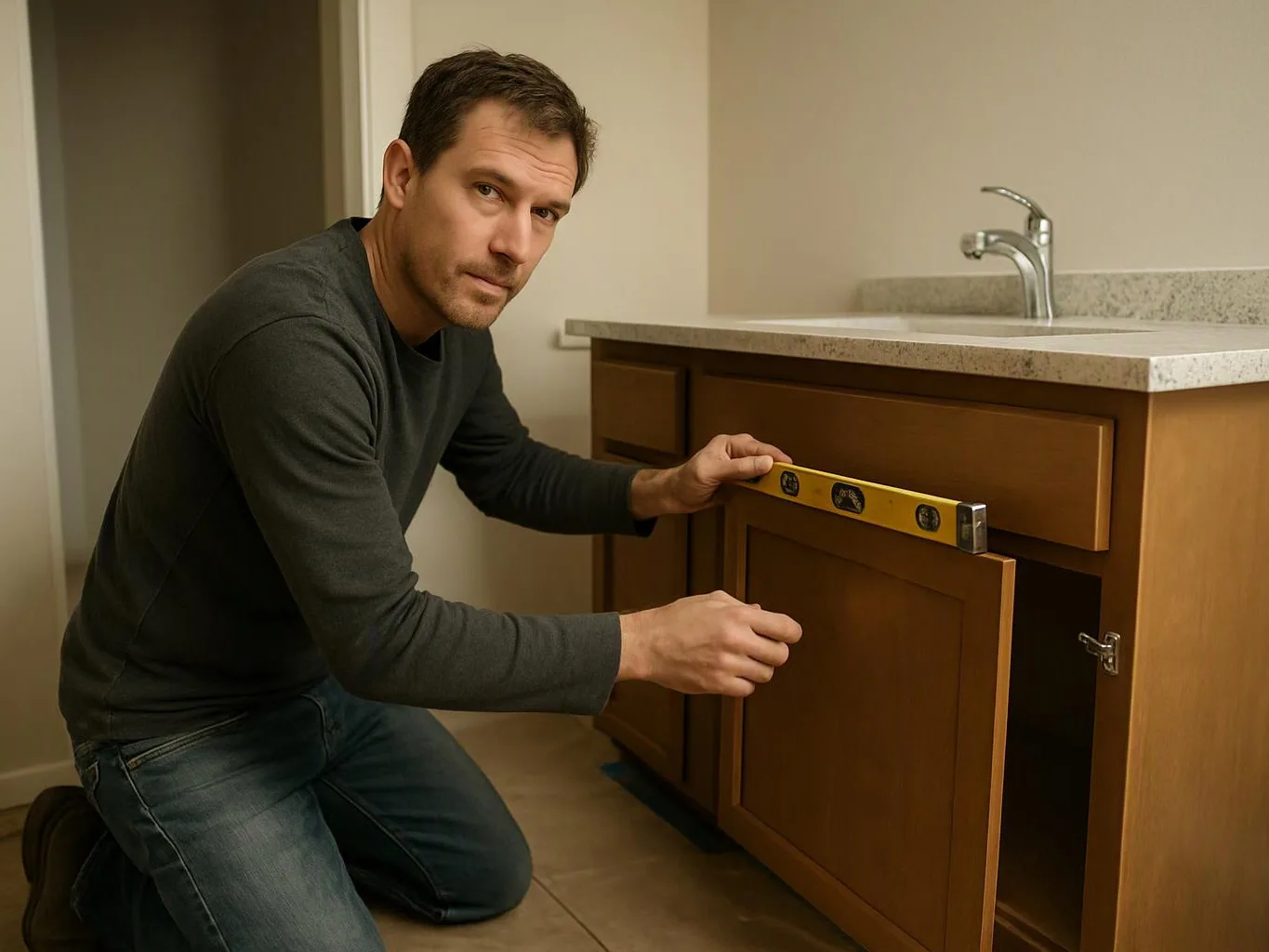 A man kneels beside a bathroom cabinet, checking the drawer with a level under a sink