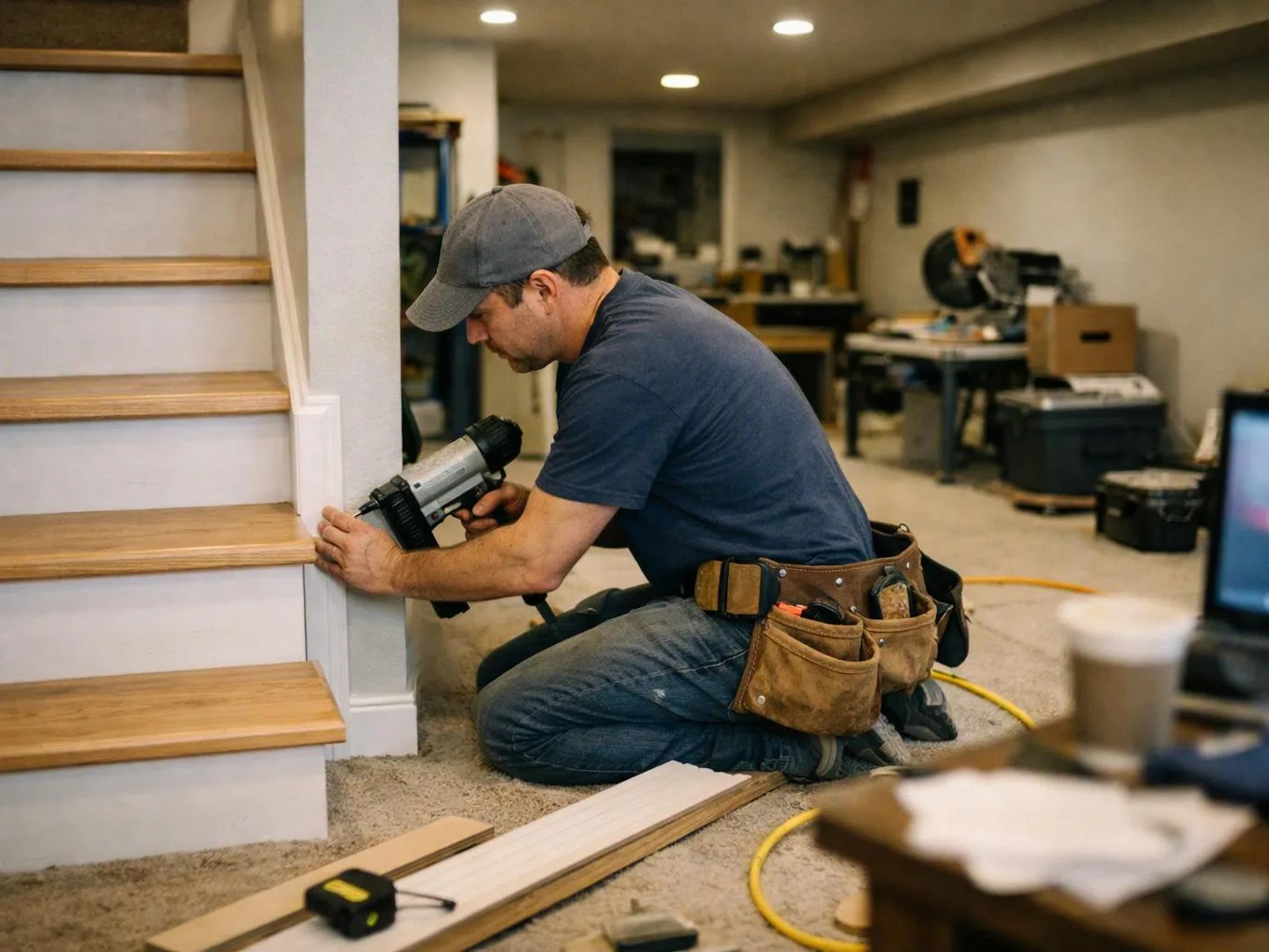 A man kneels beside a staircase, using a nail gun to attach trim in a basement workshop