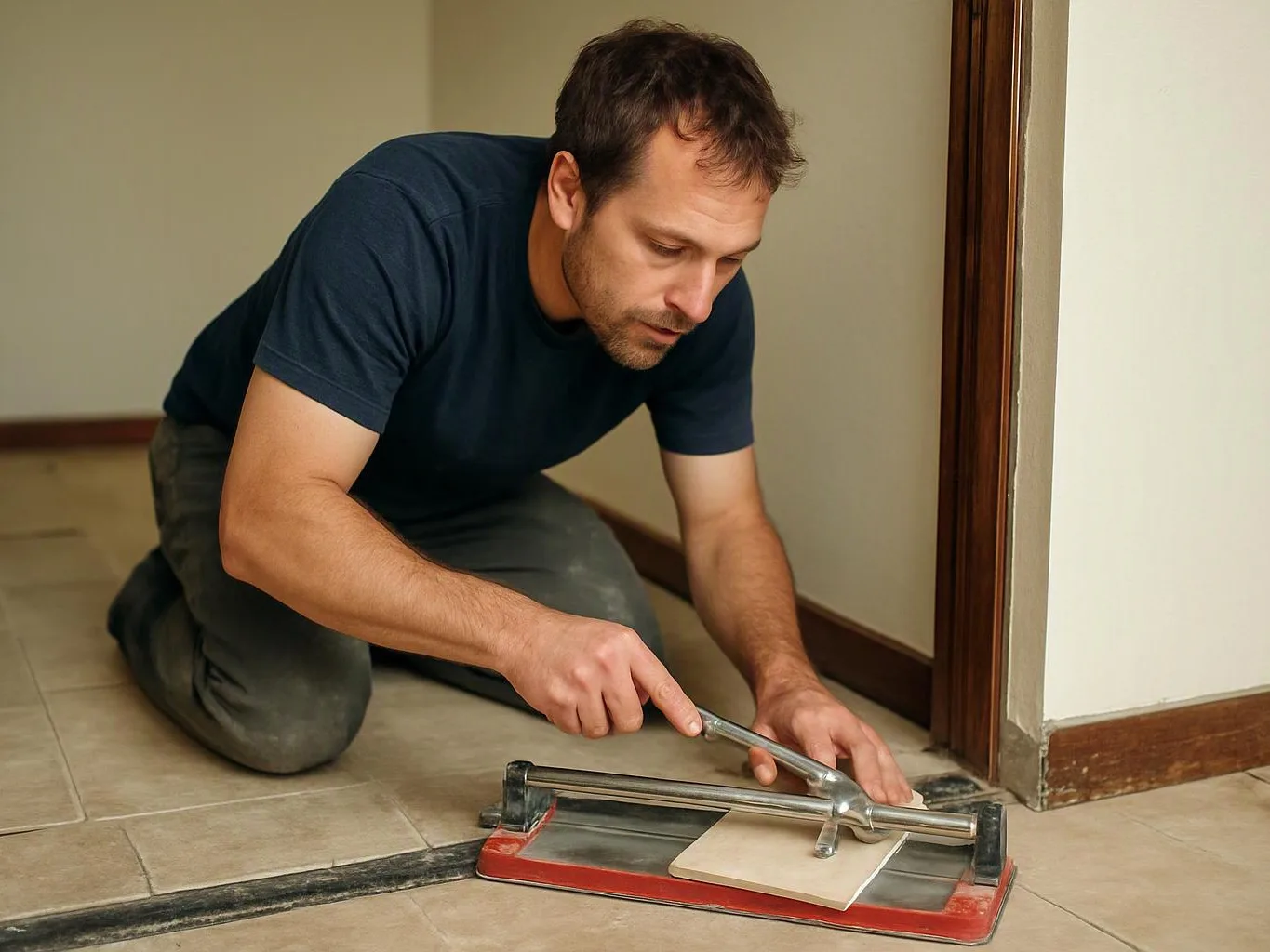 A man kneels on a tiled floor, using a tile cutter beside a doorway in an empty room